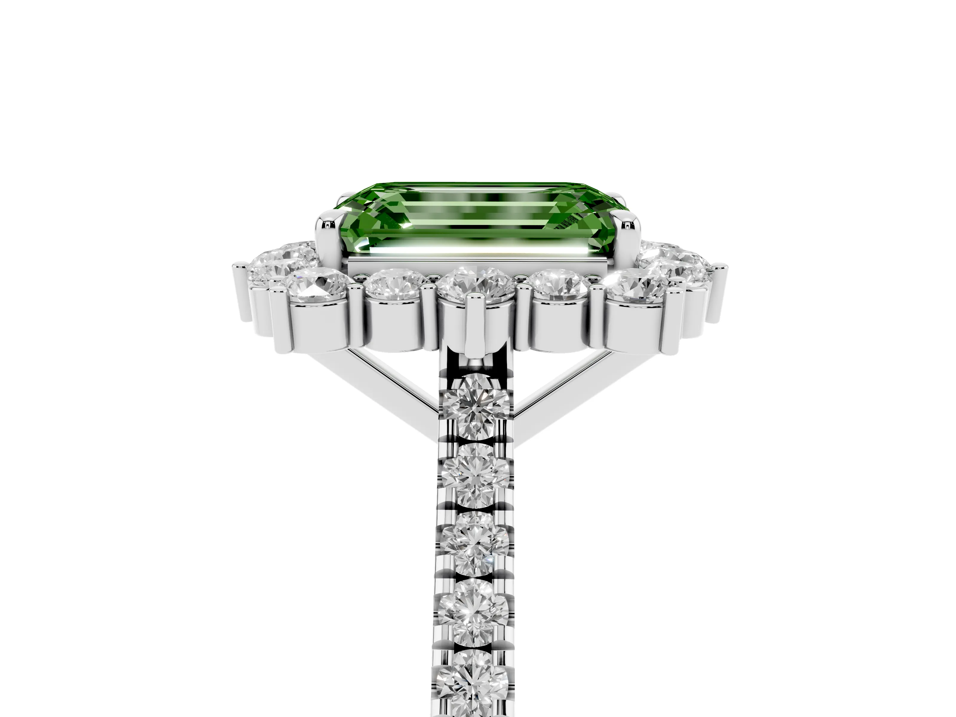 Fancy Green Emerald Cut Diamond Halo Ring Set in Platinum with Pavé Band and Prong Setting