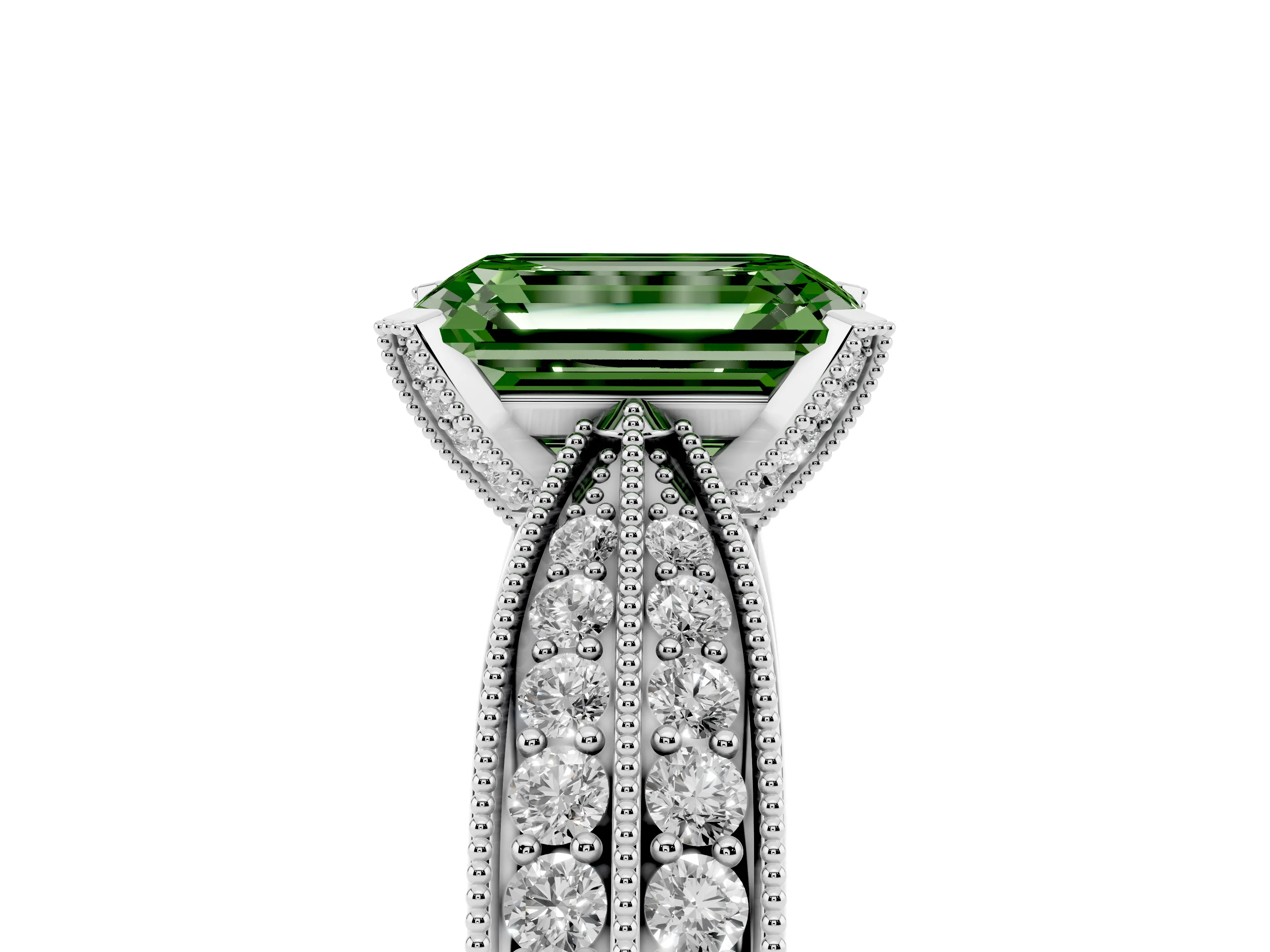 Fancy Green Emerald Cut Diamond Solitaire Ring Set in Platinum with Milgrain Double Row Round Pavé Band