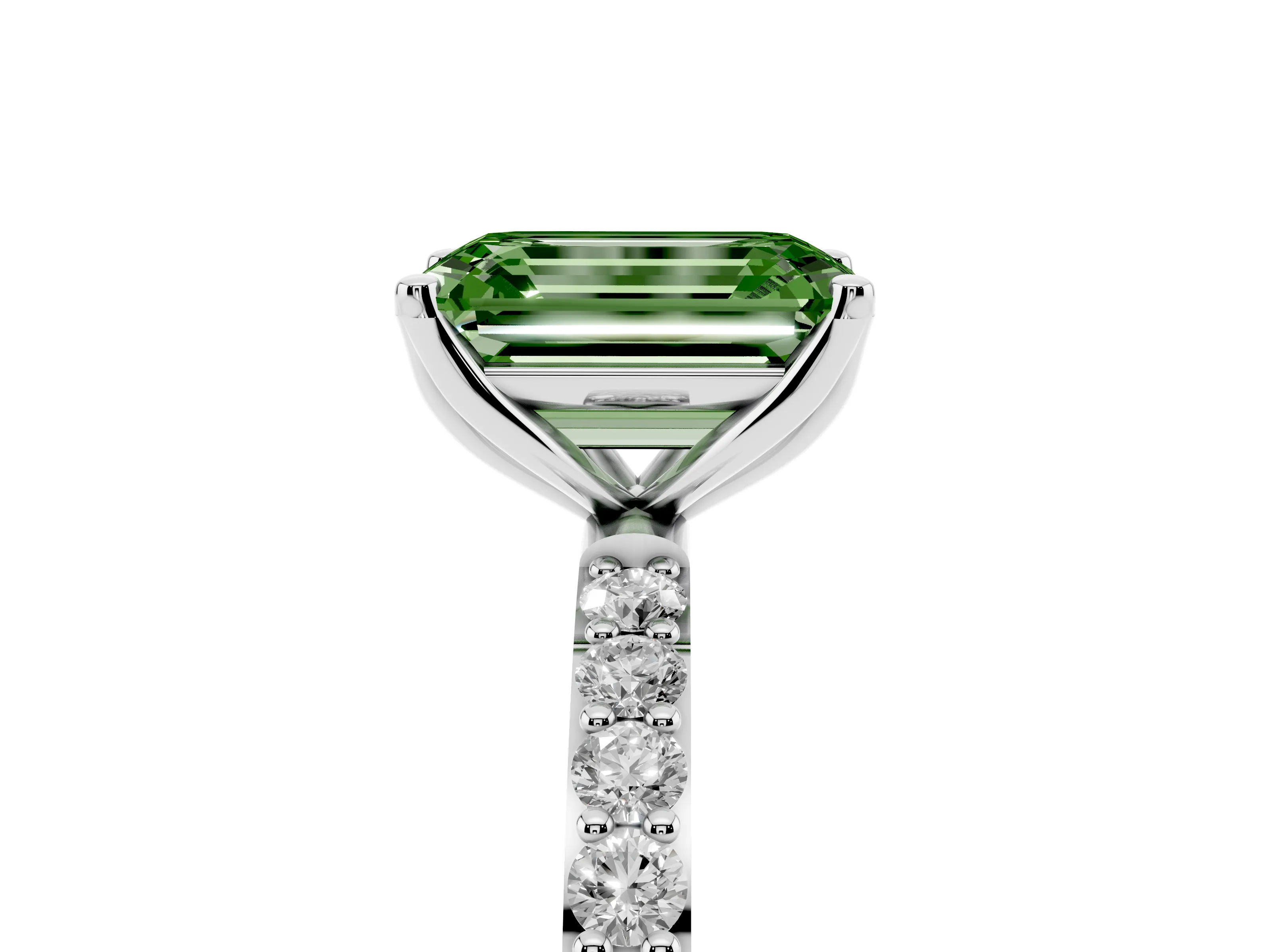 Fancy Green Emerald Cut Diamond Solitaire Engagement Ring Set in Platinum with Round Pavé Band and Prong Setting