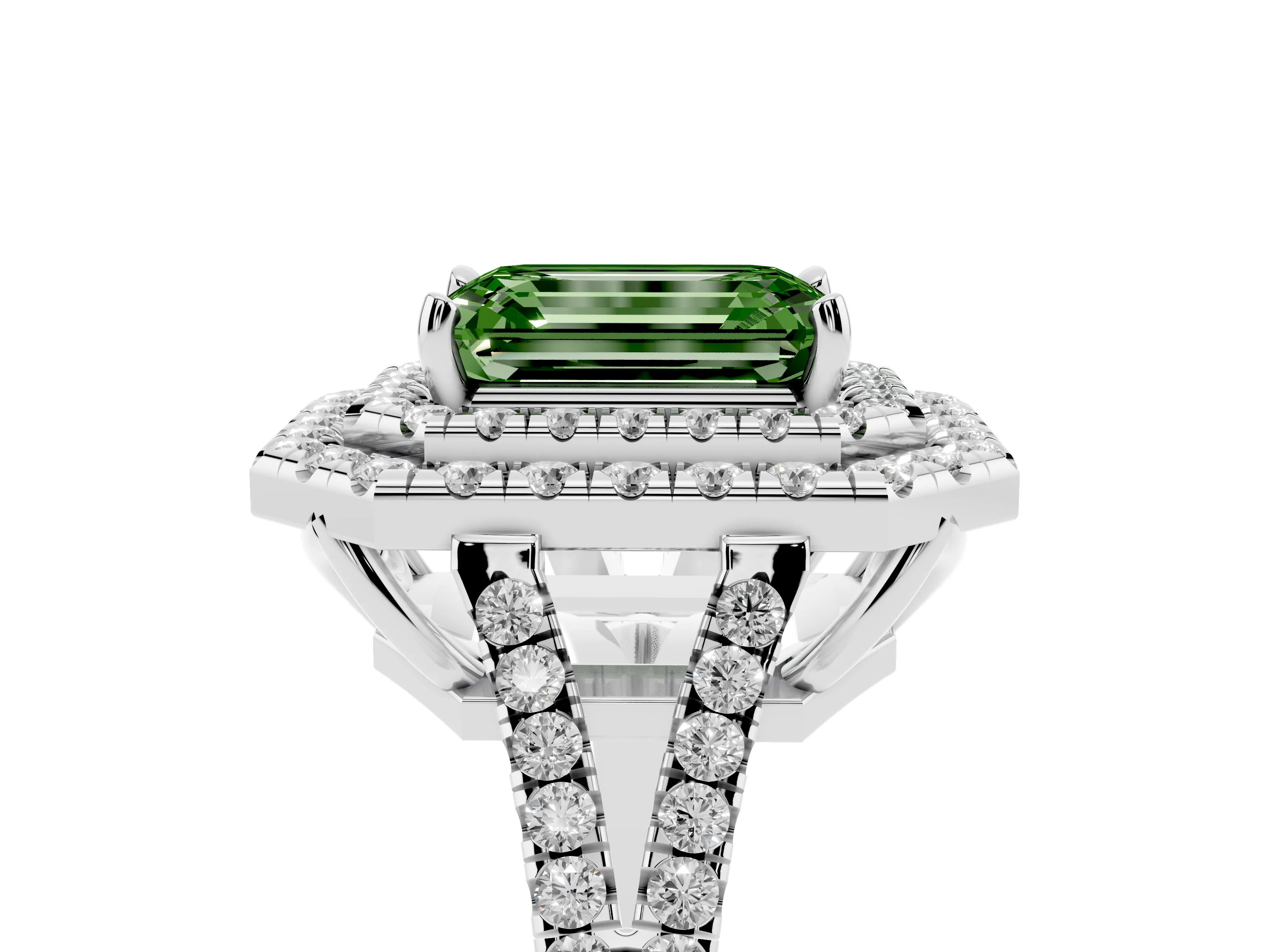 Fancy Green Emerald Cut Diamond Double Halo Ring Set in Silver with Pavé Band