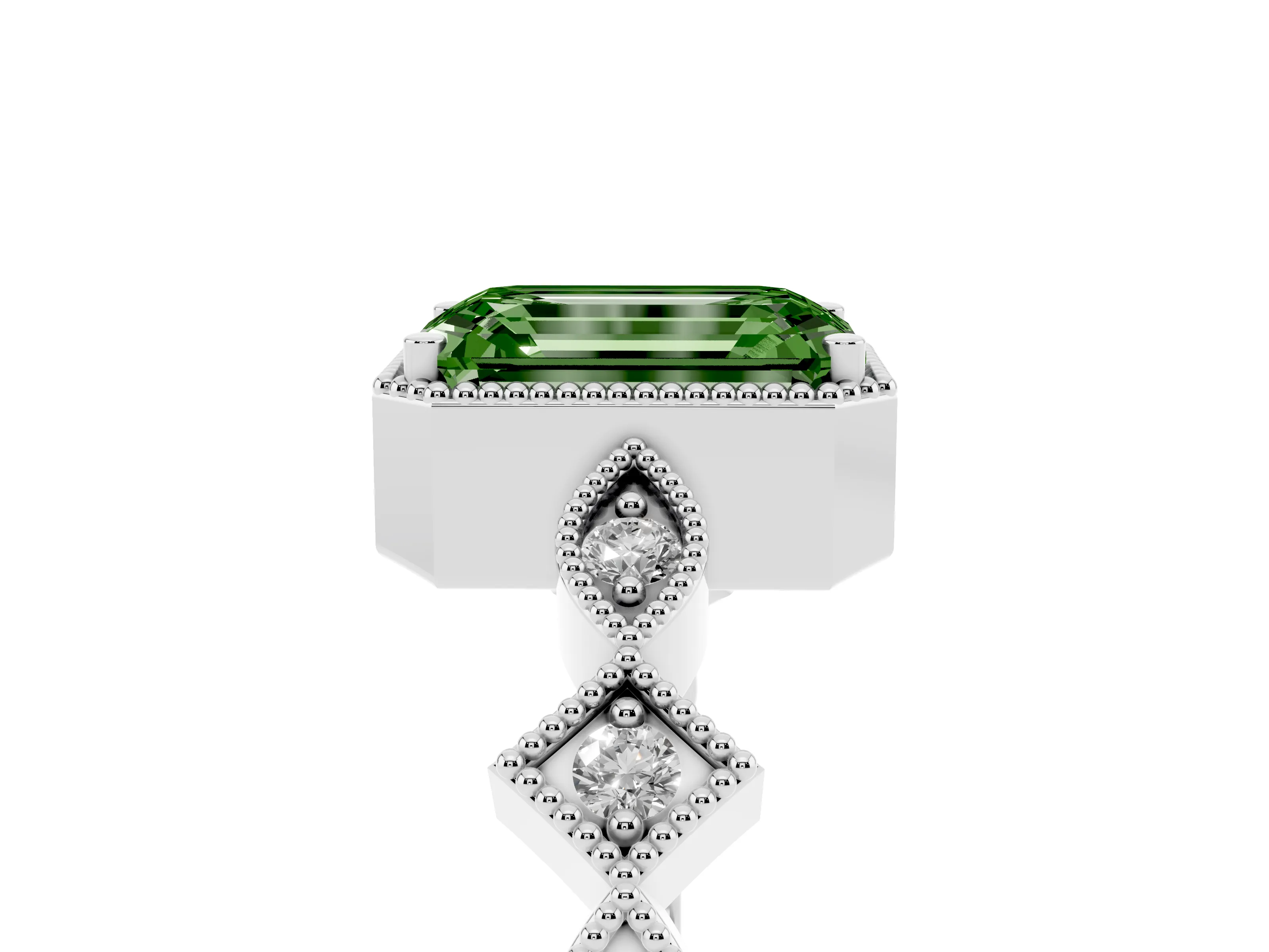 Fancy Green Emerald Cut Diamond Milgrain Marquise Twist Band Ring Set in White gold with Prong Setting