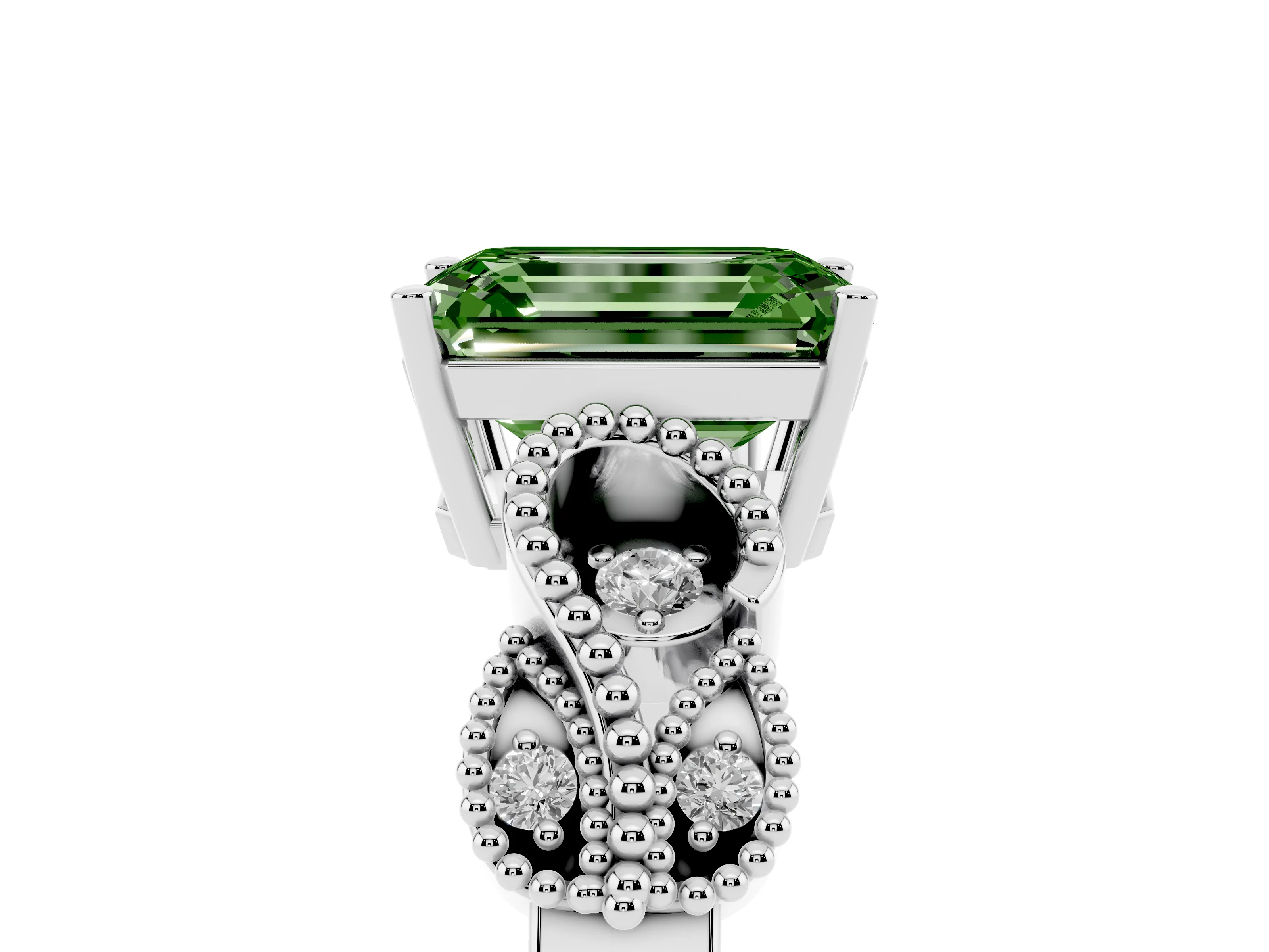 Fancy Green Emerald Cut Diamond Milgrain Leaf Band Solitaire Ring Set in White gold with Accent Stones and Prong Setting