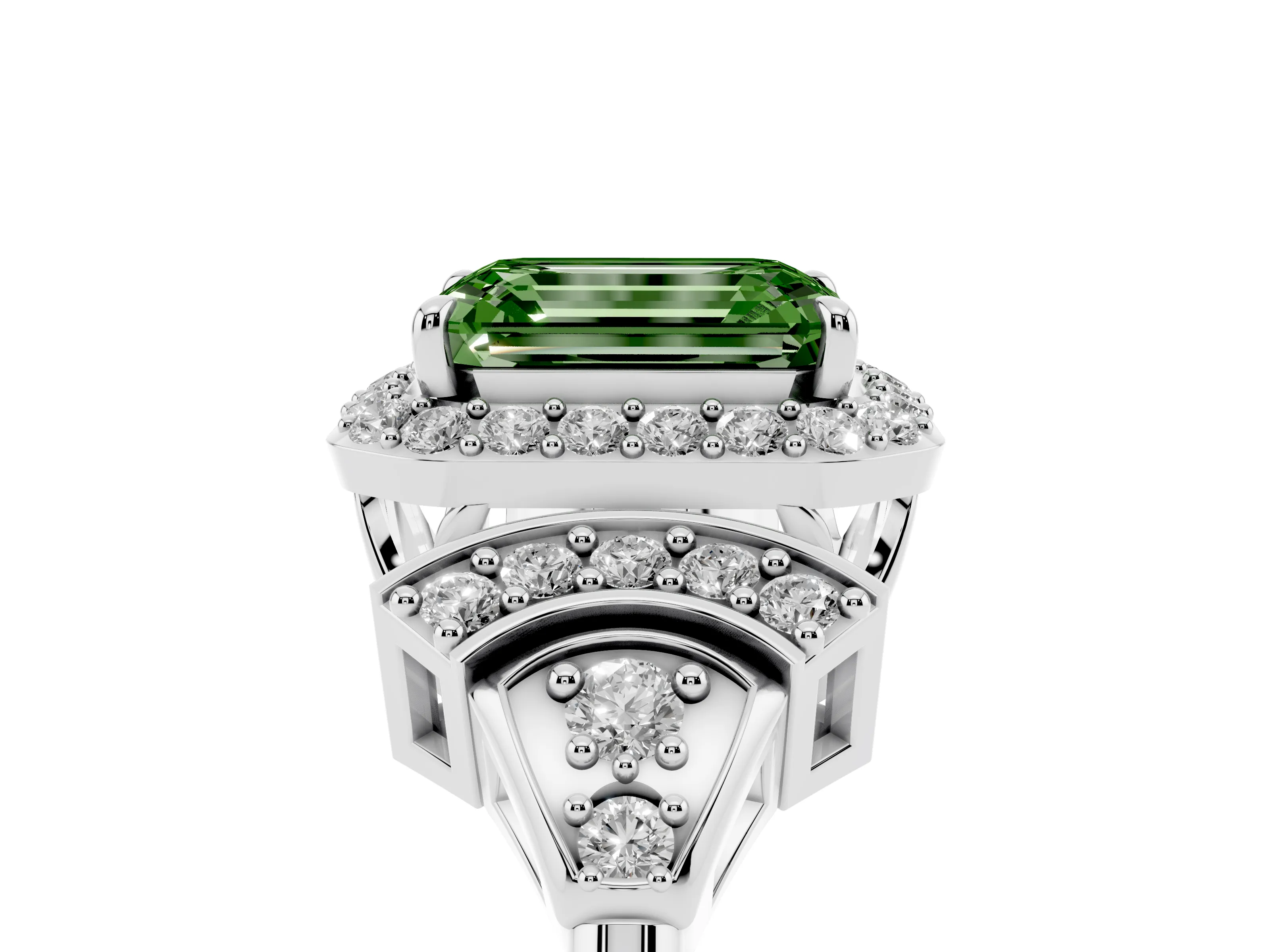 Fancy Green Emerald Cut Diamond Halo Engagement Ring Set in White gold with Accent Stone Split Shank