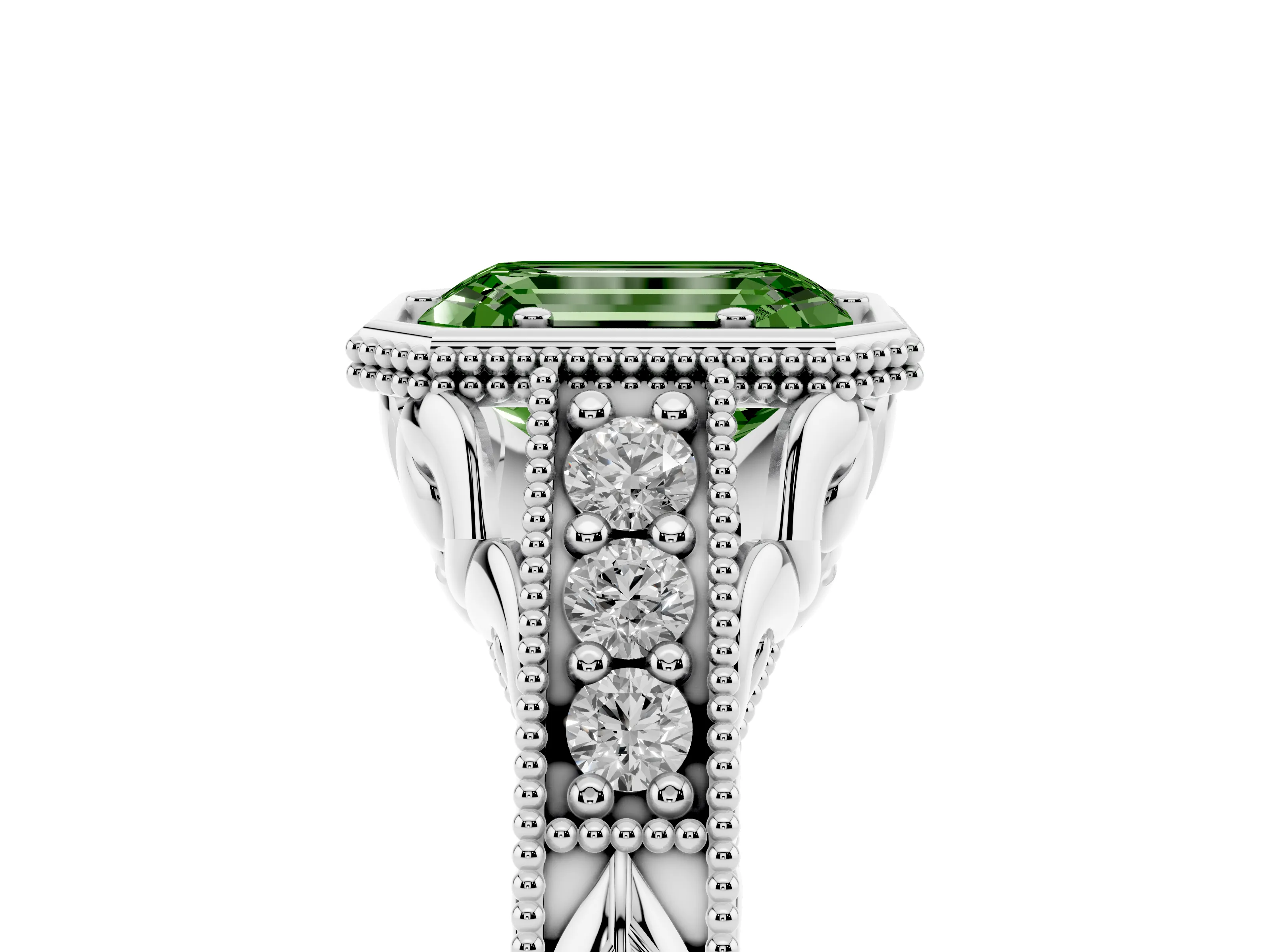 Fancy Green Bezel Set Emerald Cut Diamond Milgrain Pavé Engagement Ring Set in Silver