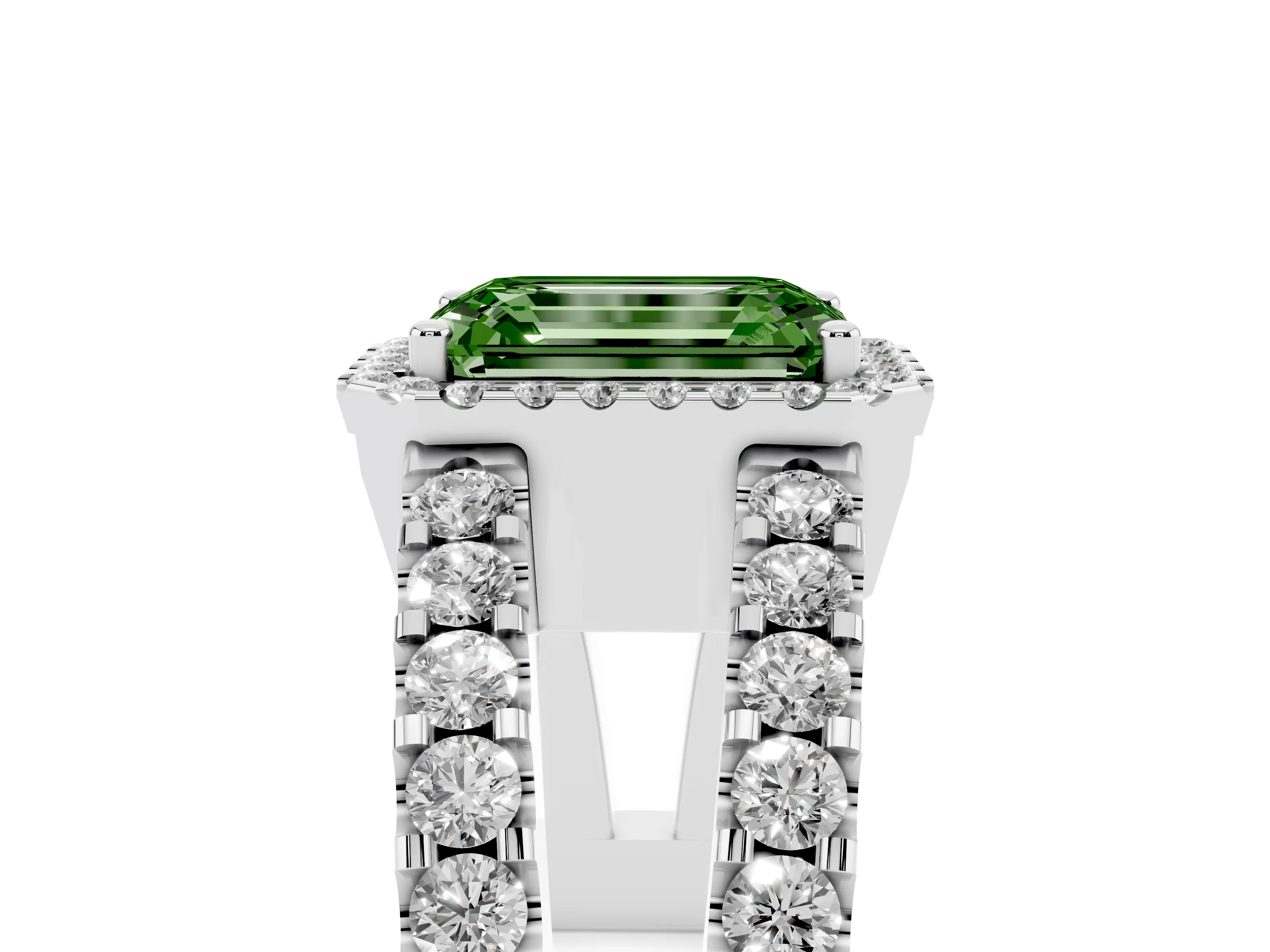 Fancy Green Emerald Cut Diamond Halo Ring Set in Silver with Pavé Split Shank and Prong Setting