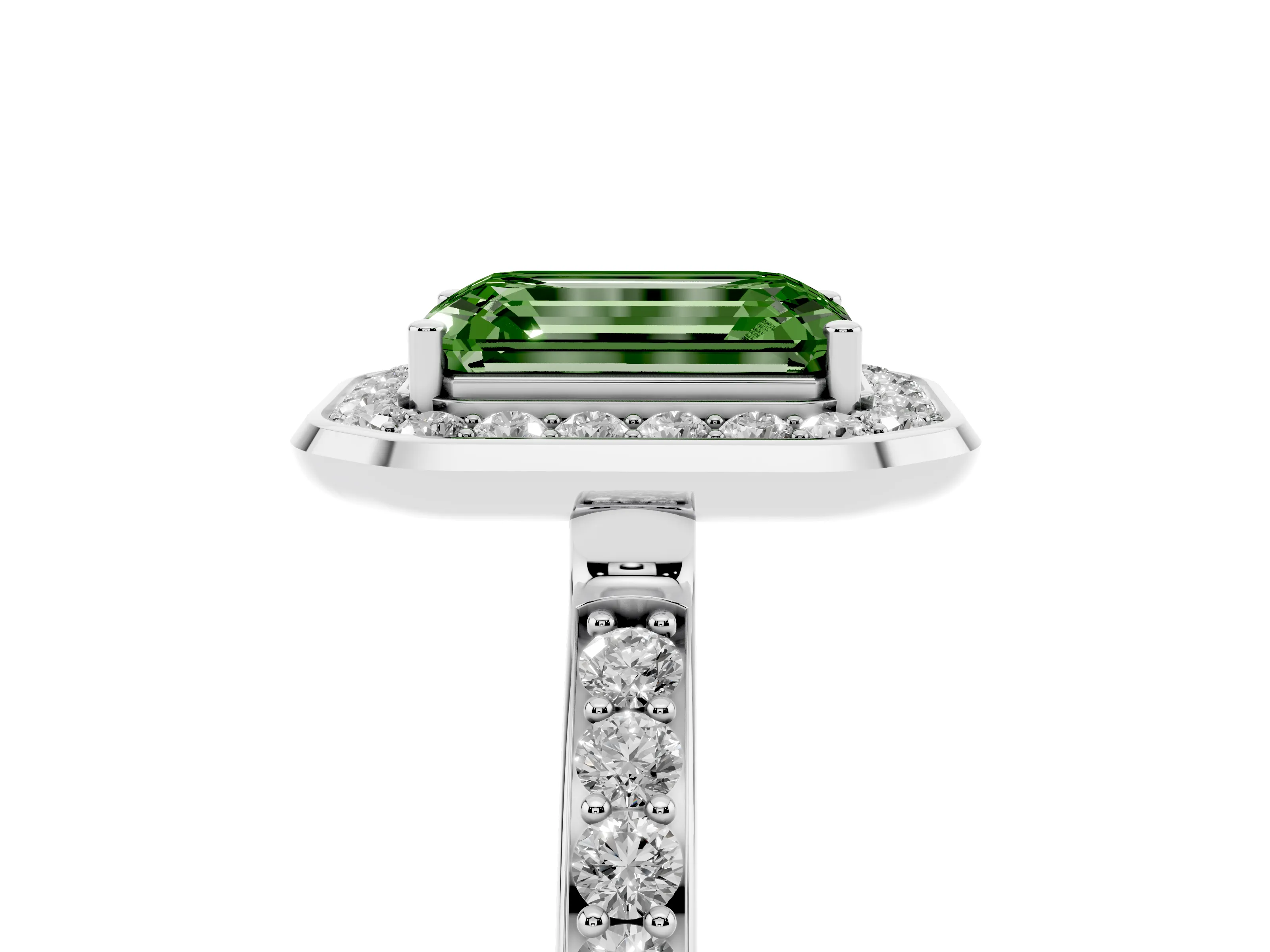Fancy Green Emerald Cut Diamond Halo Ring Set in White gold with Bezel Frame and Pavé Band