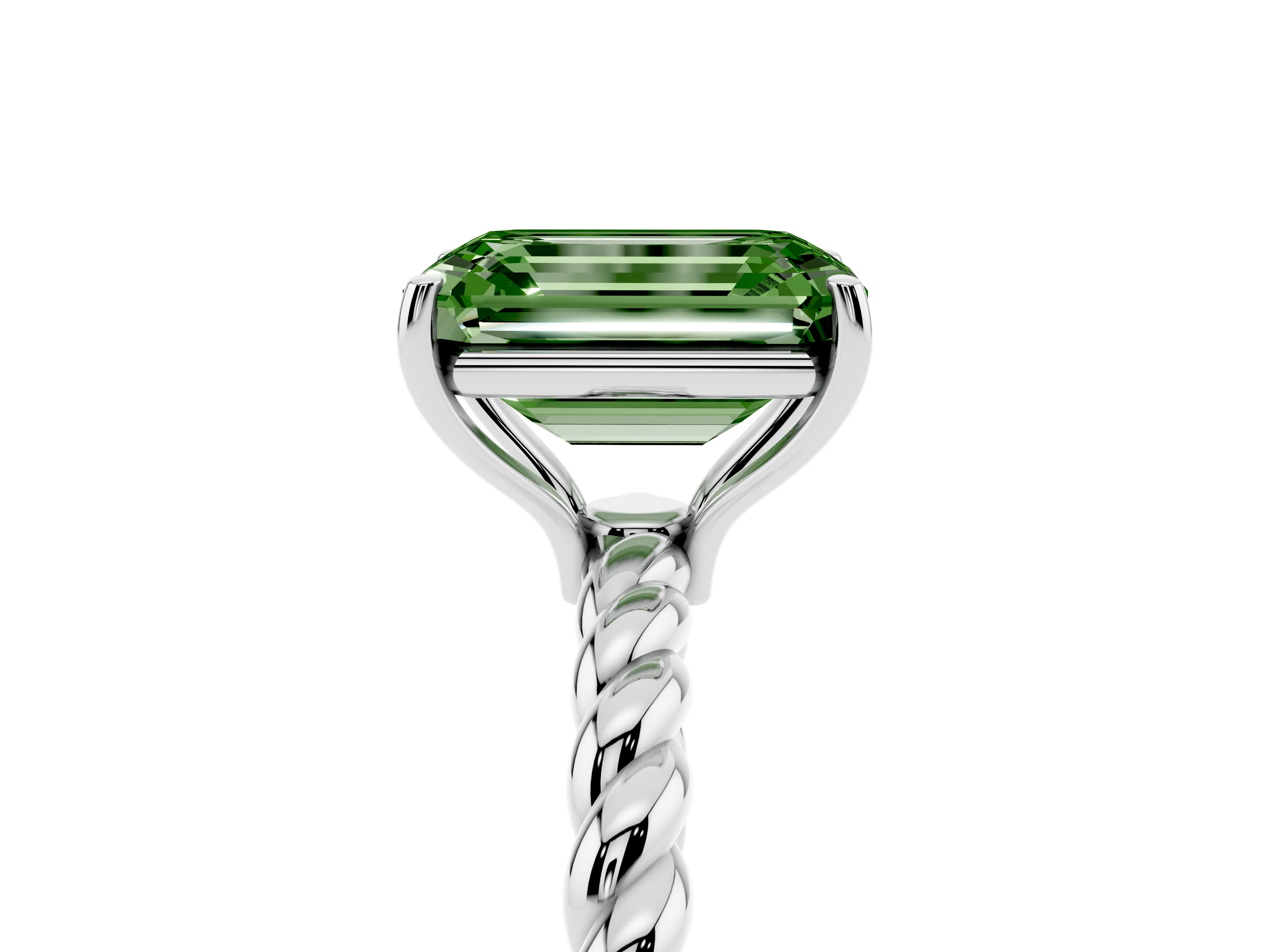 Fancy Green Emerald Cut Diamond Solitaire Ring Set in White gold with Twist Band and Prong Setting