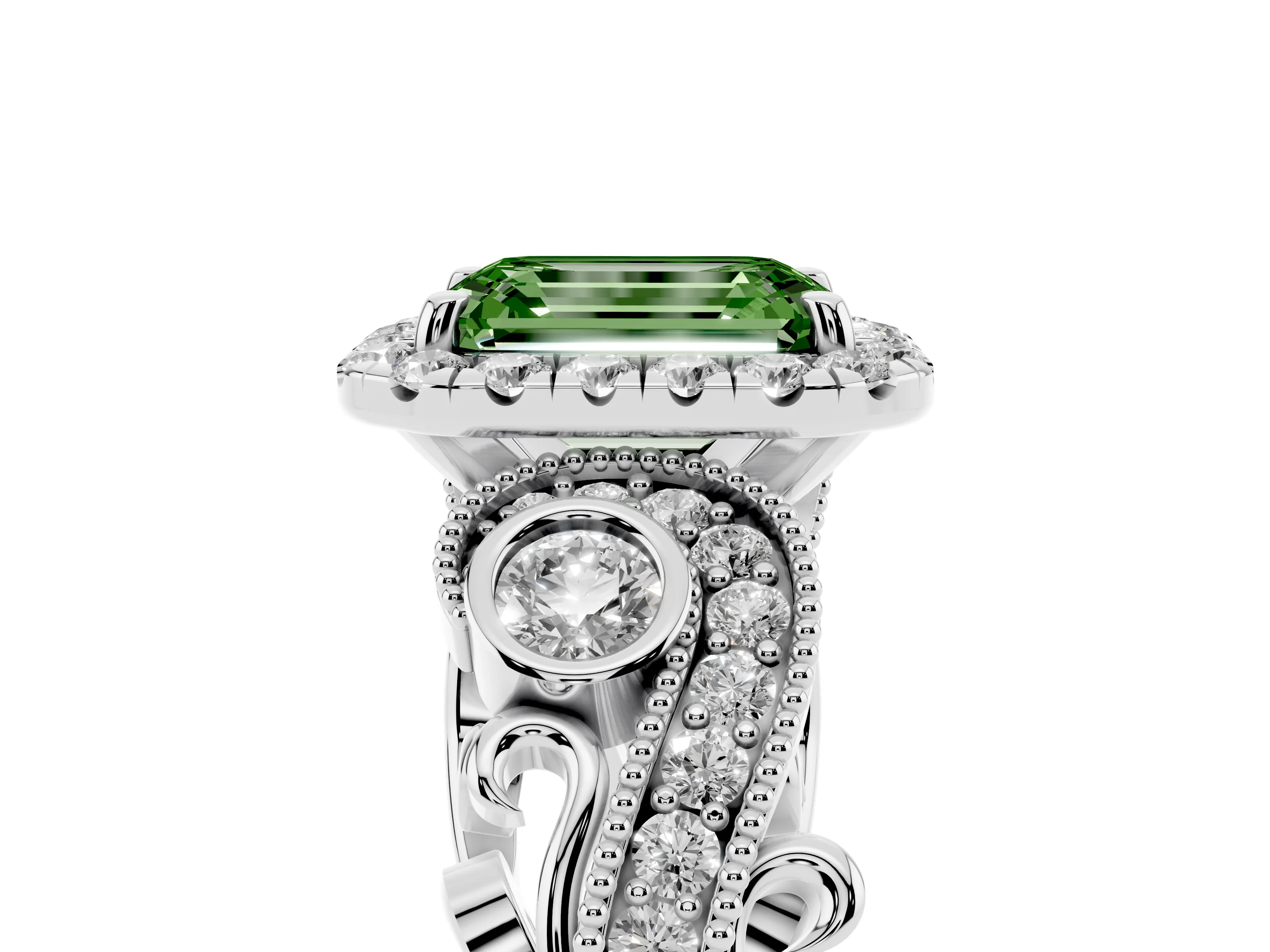 Fancy Green Emerald Cut Diamond Halo Ring Set in Silver with Milgrain Pavé Band and Prong Setting