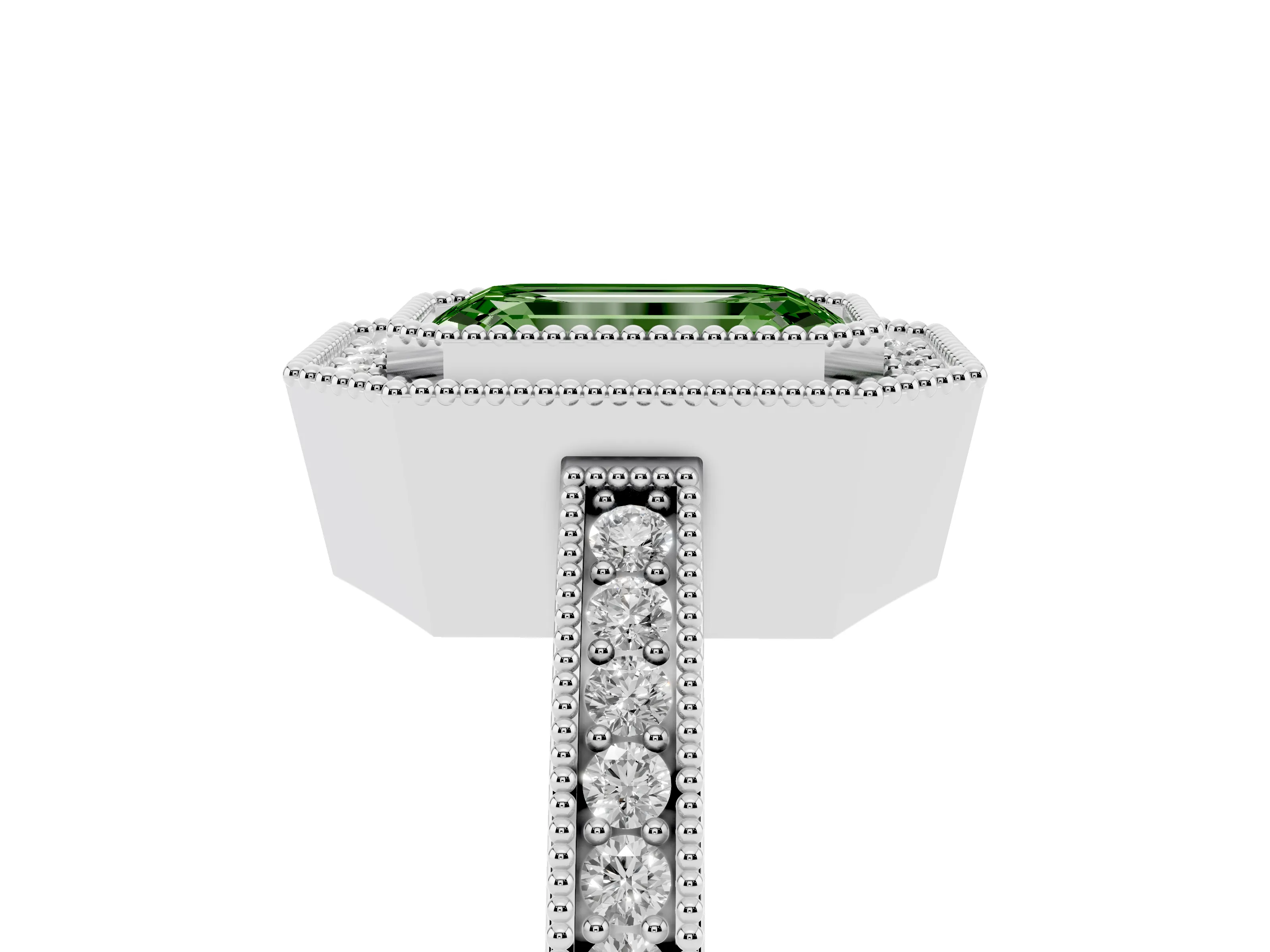 Fancy Green Emerald Cut Diamond Round Halo Ring Set in Platinum with Pavé Band