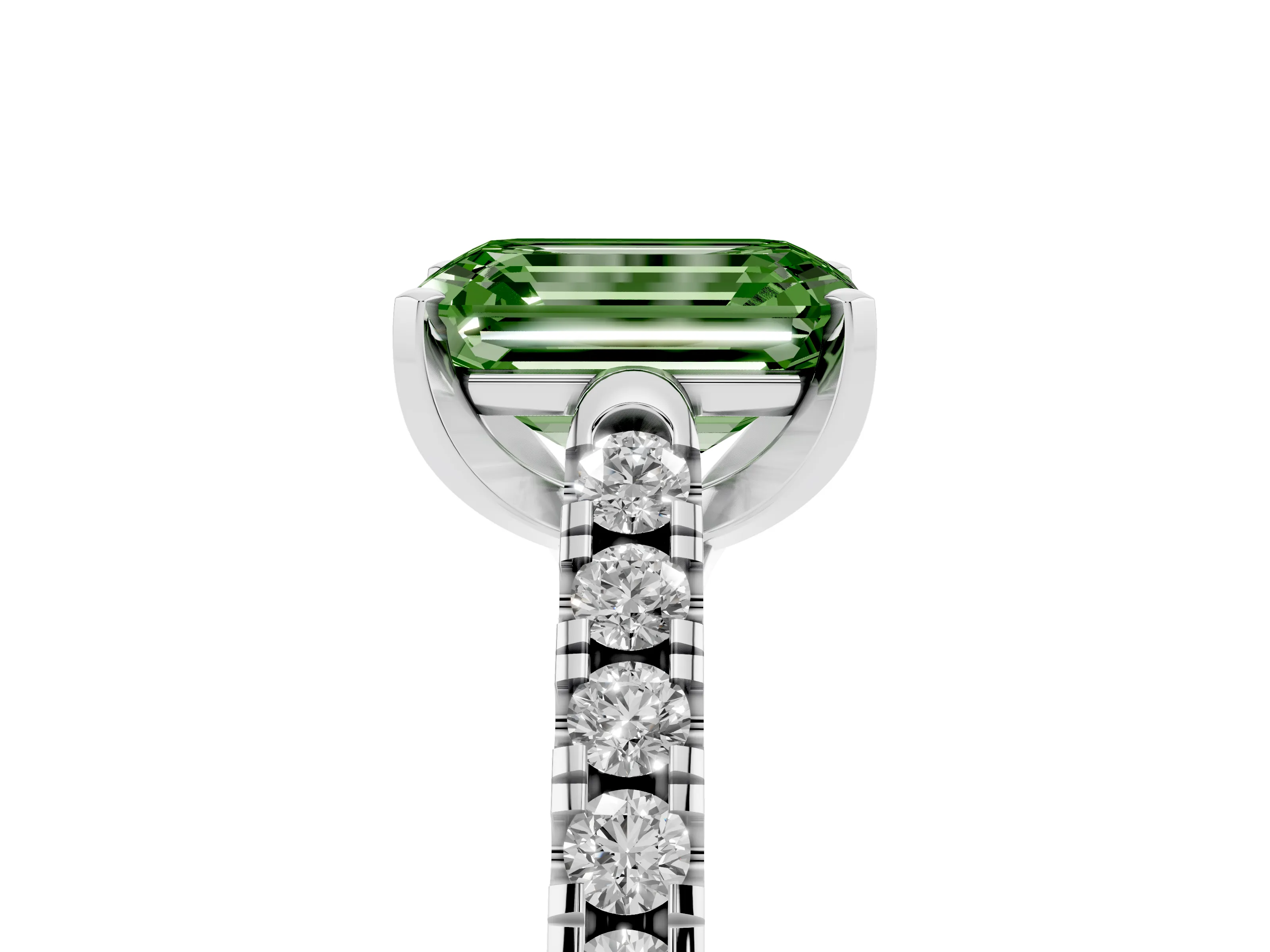 Fancy Green Emerald Cut Diamond Pavé Band Solitaire Ring Set in White gold with Partway Accent Stones and Prong Setting