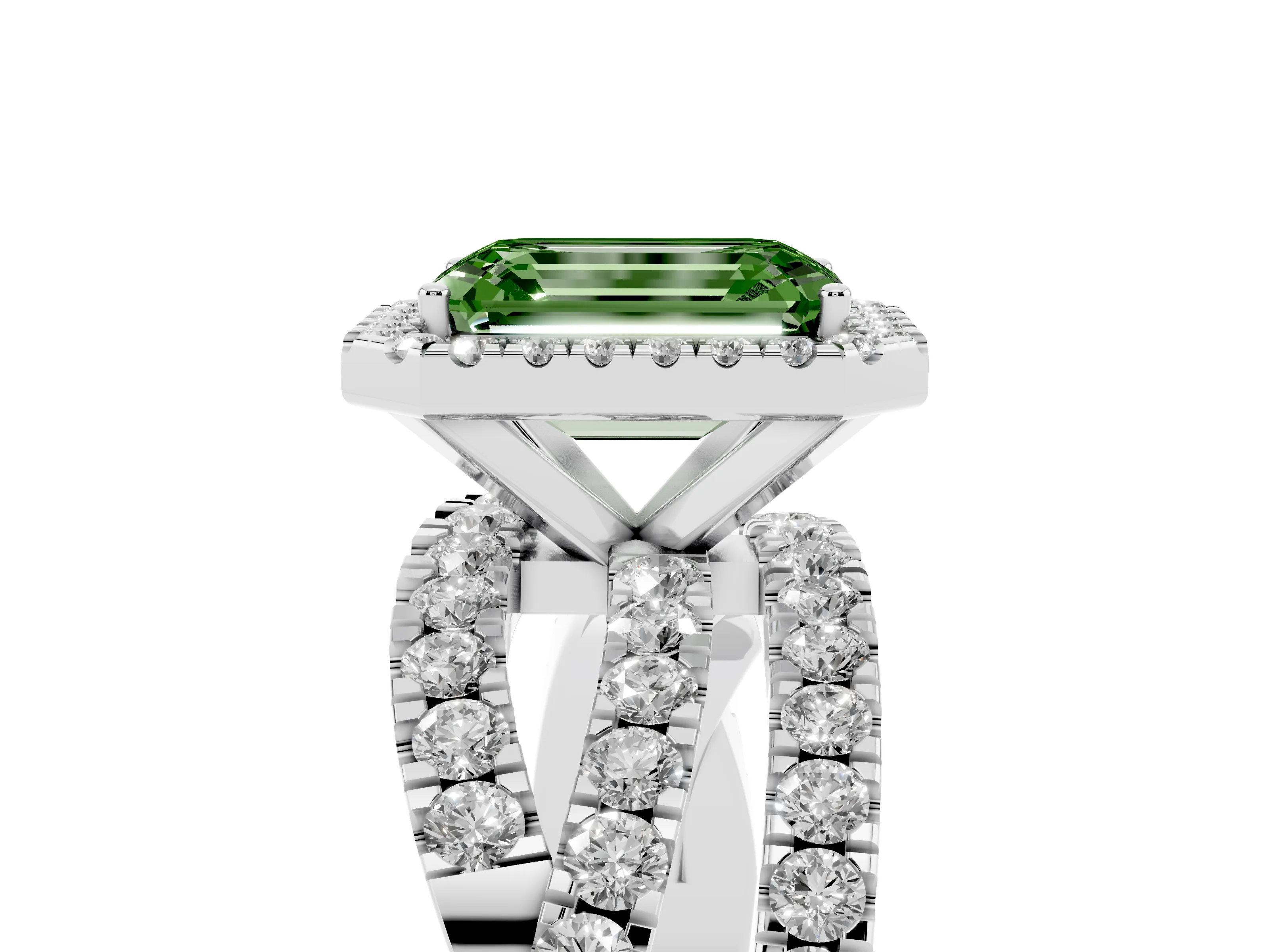 Fancy Green Emerald Cut Diamond Halo Ring Set in Silver with Round Crossover Split Shank and Prong Setting