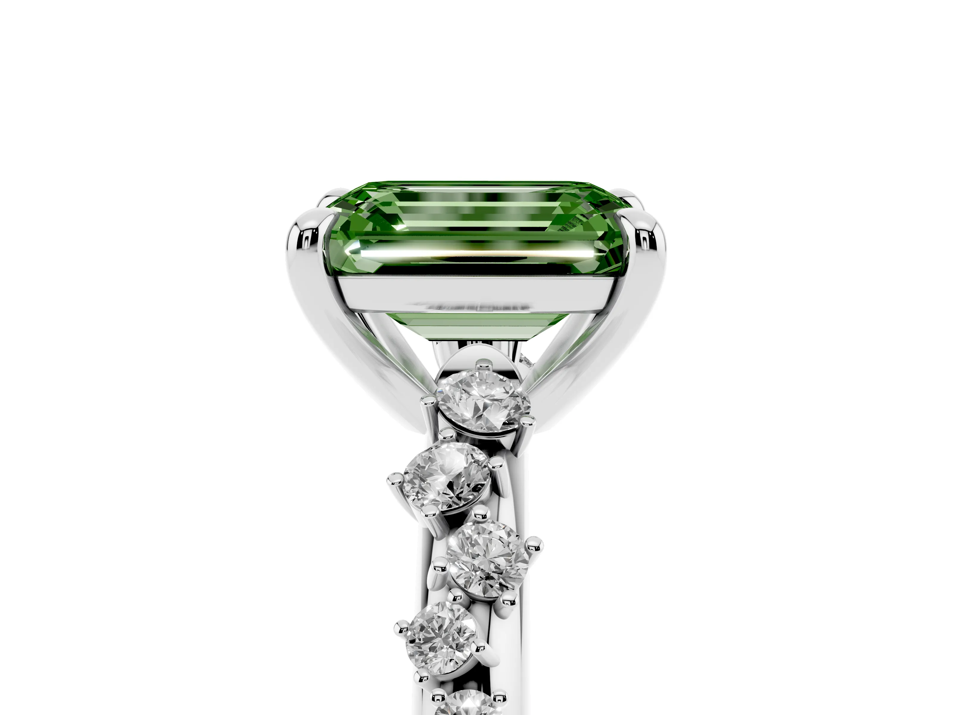 Fancy Green Emerald Cut Diamond Solitaire Vine Band Ring Set in White gold with Round Accents and Prong Setting