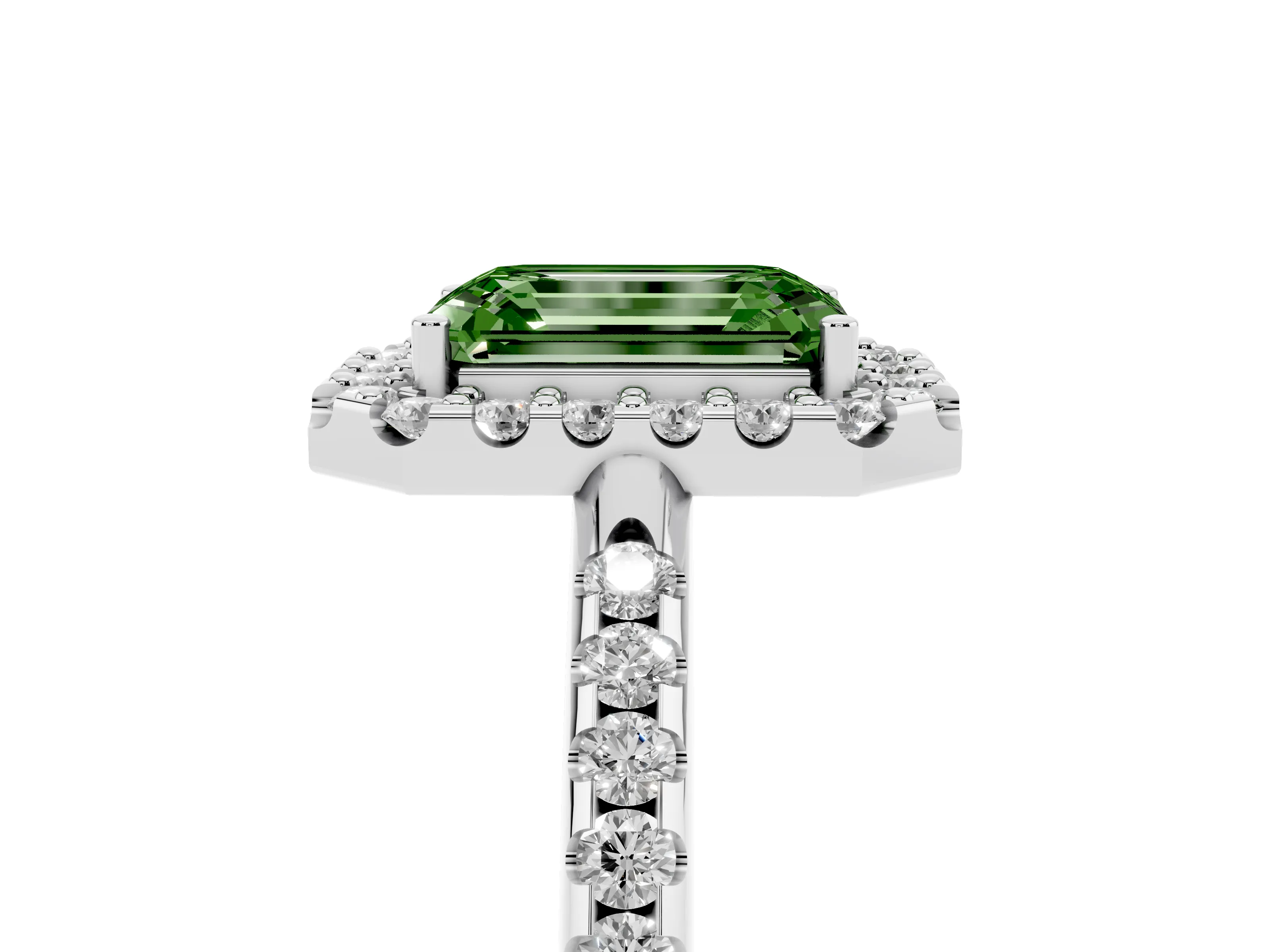 Fancy Green Emerald Cut Diamond Pavé Halo Ring Set in Platinum with Prong Setting