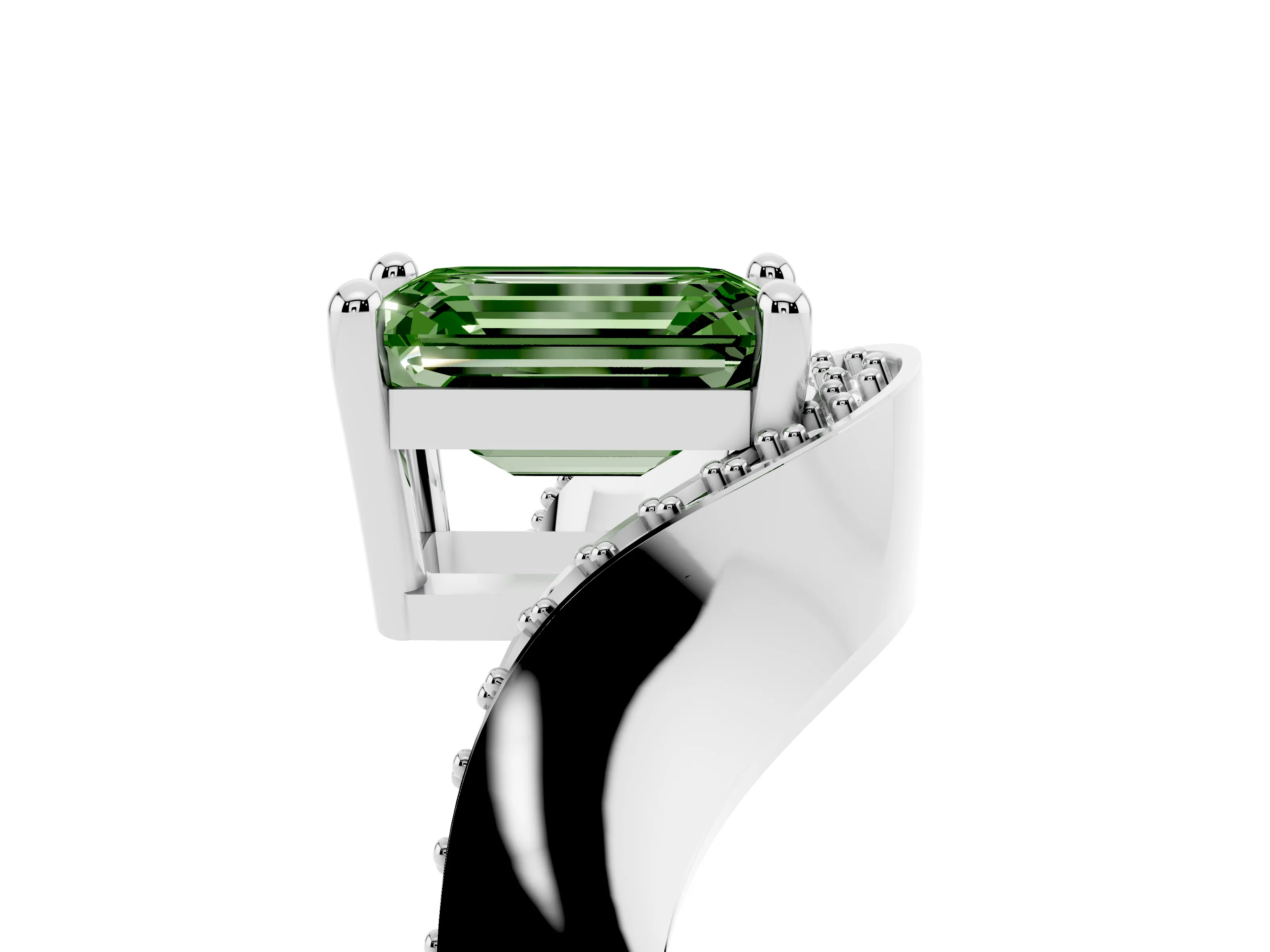 Fancy Green Emerald Cut Diamond Solitaire Engagement Ring Set in Silver with Pavé Shoulders