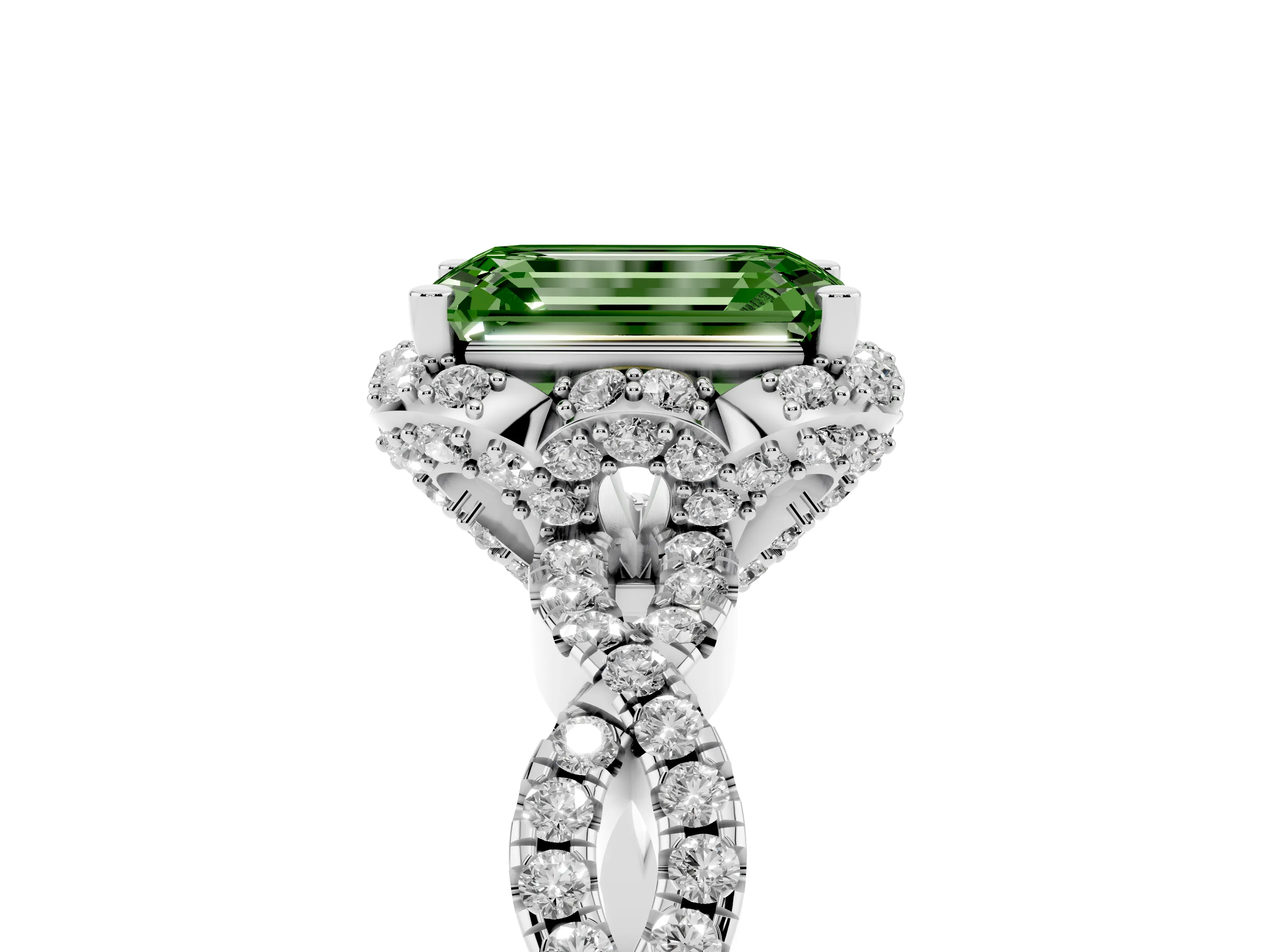 Fancy Green Emerald Cut Diamond Halo Twist Band Solitaire Ring Set in White gold with Prong-Set Center Stone