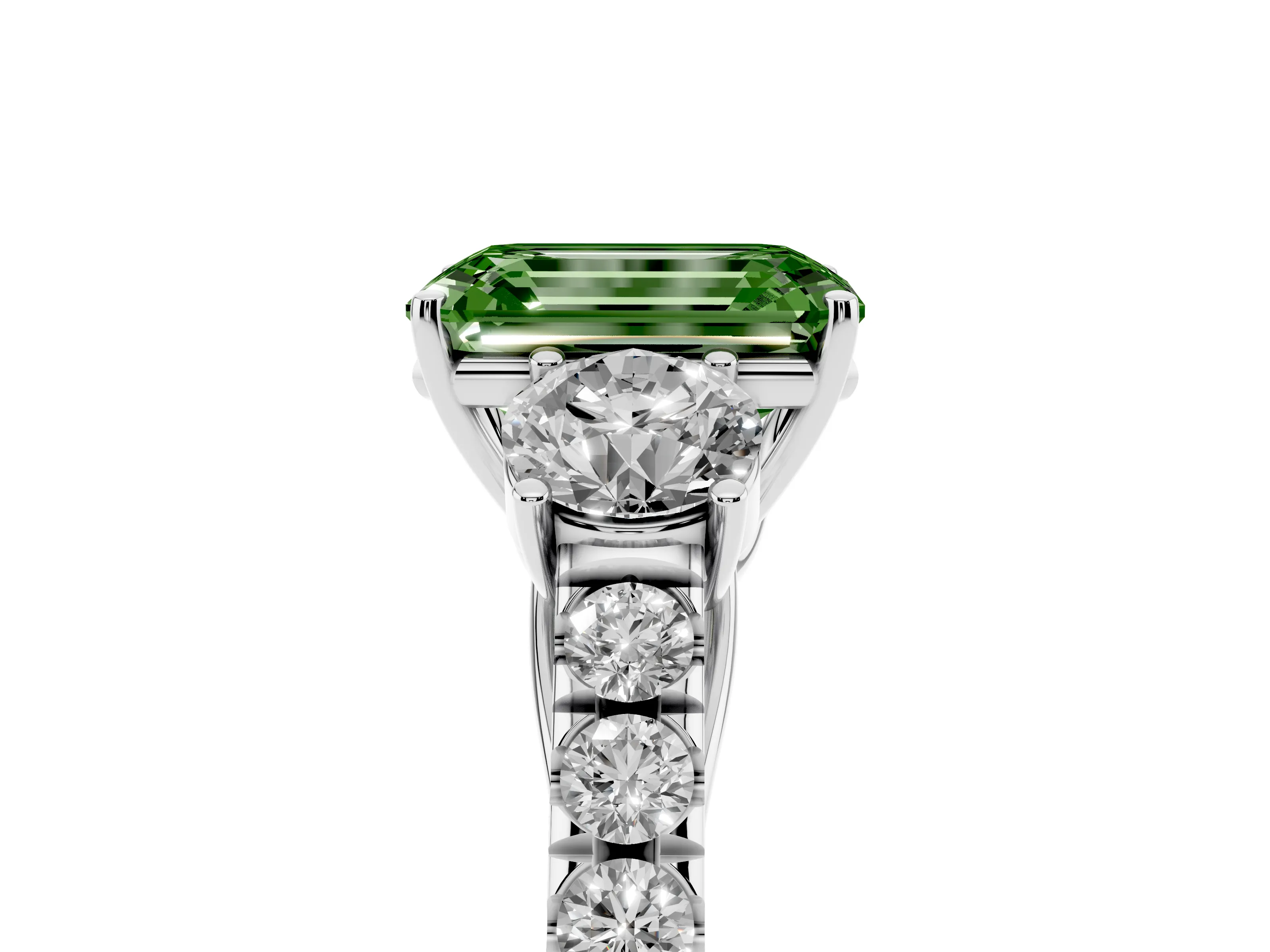 Fancy Green Emerald Cut Diamond Three-Stone Ring Set in White gold with Round Side Stones and Delicate Pavé Band
