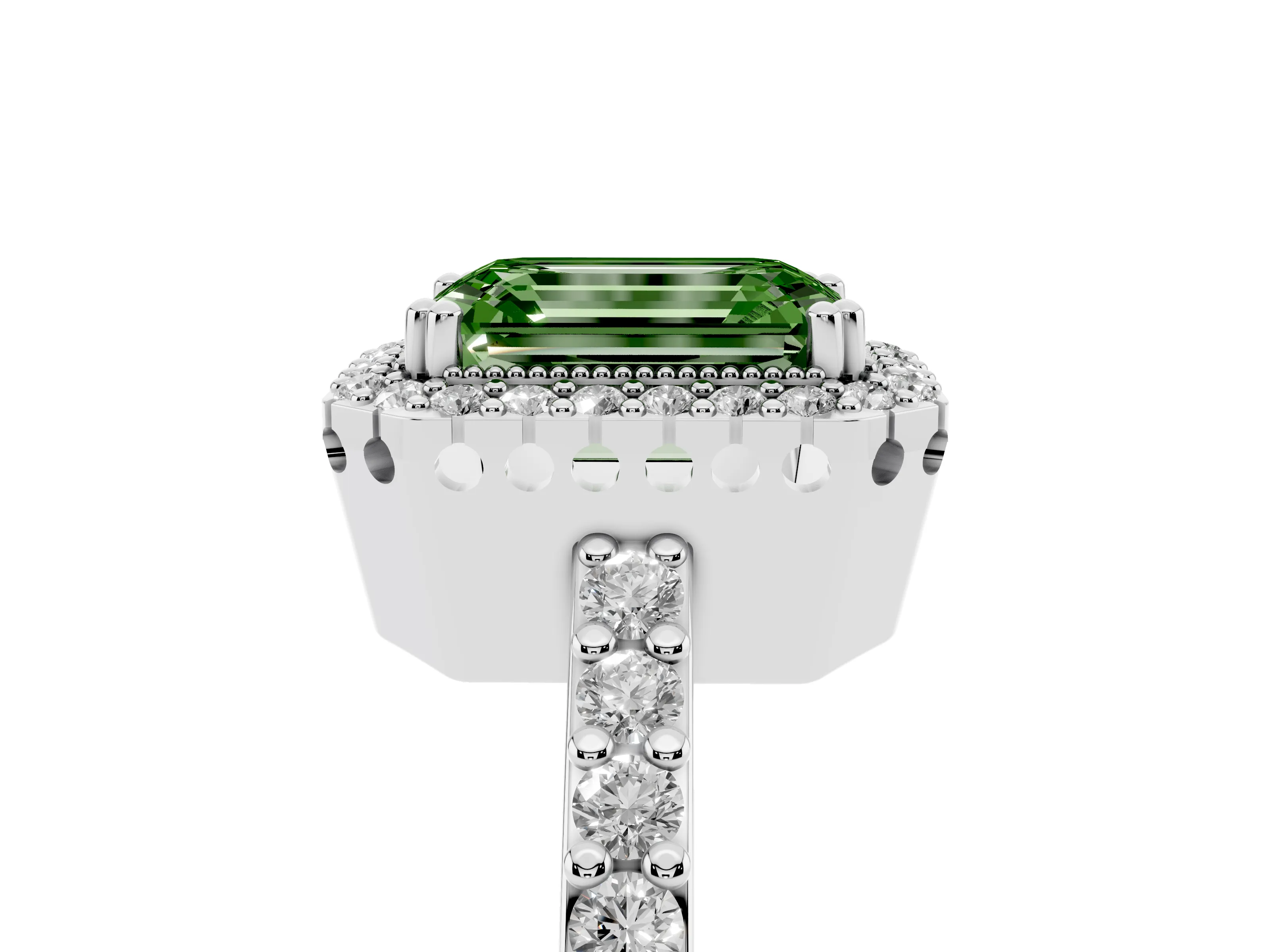 Fancy Green Emerald Cut Diamond Halo Engagement Ring Set in White gold with Milgrain Detail and Pavé Band