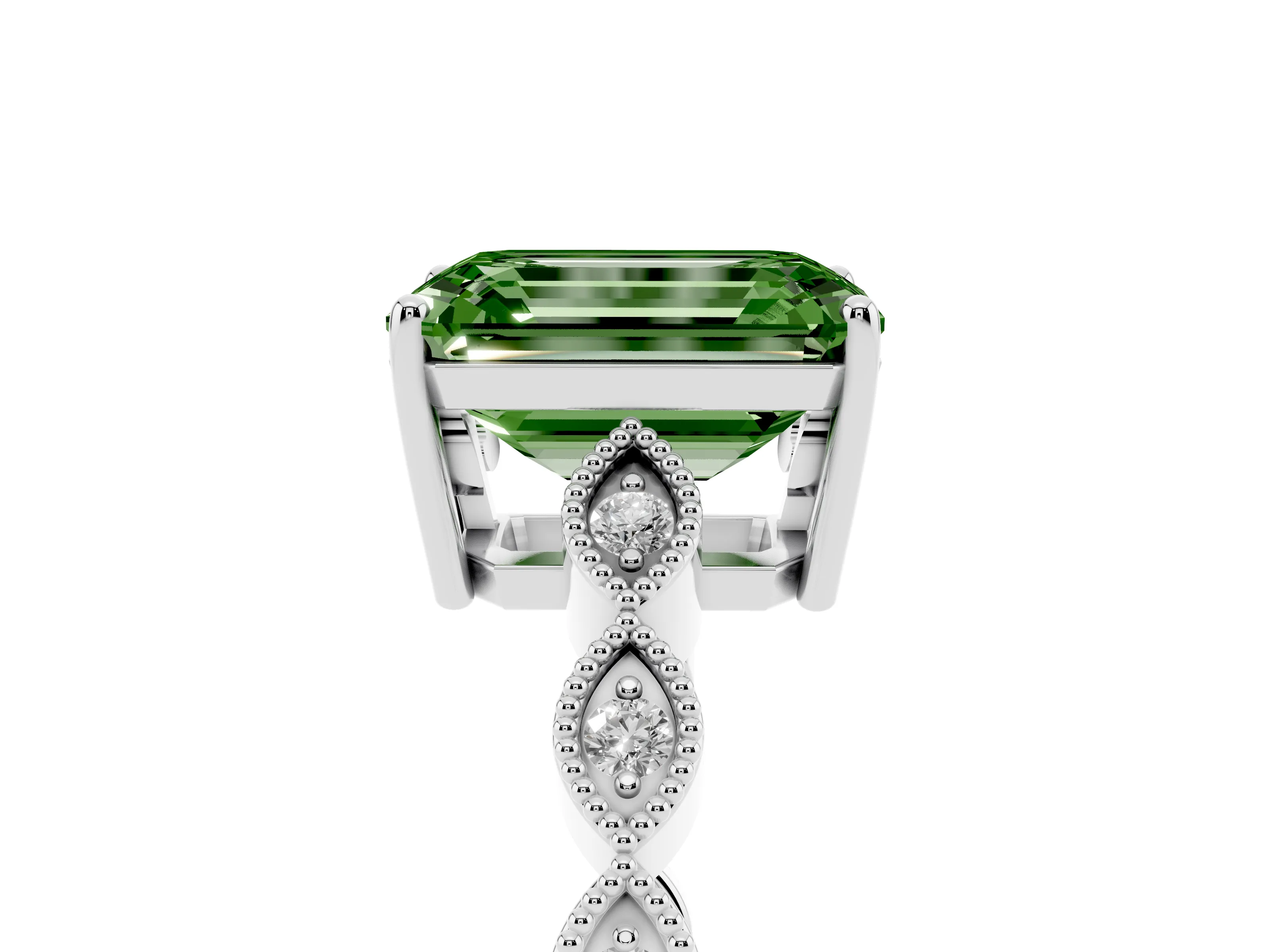 Fancy Green Emerald Cut Diamond Solitaire Ring Set in Platinum with Infinity Twist Pavé Band