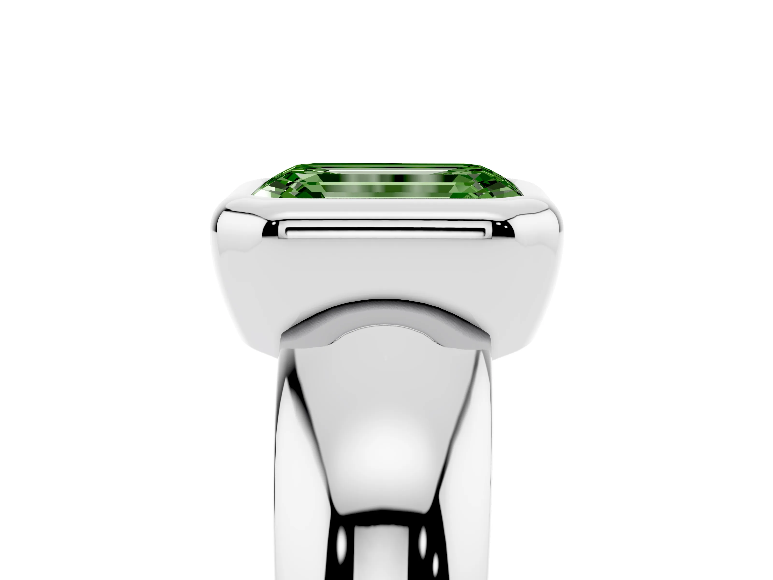 Fancy Green Bezel Set Emerald Cut Diamond Solitaire Ring Set in White gold with Wide Band