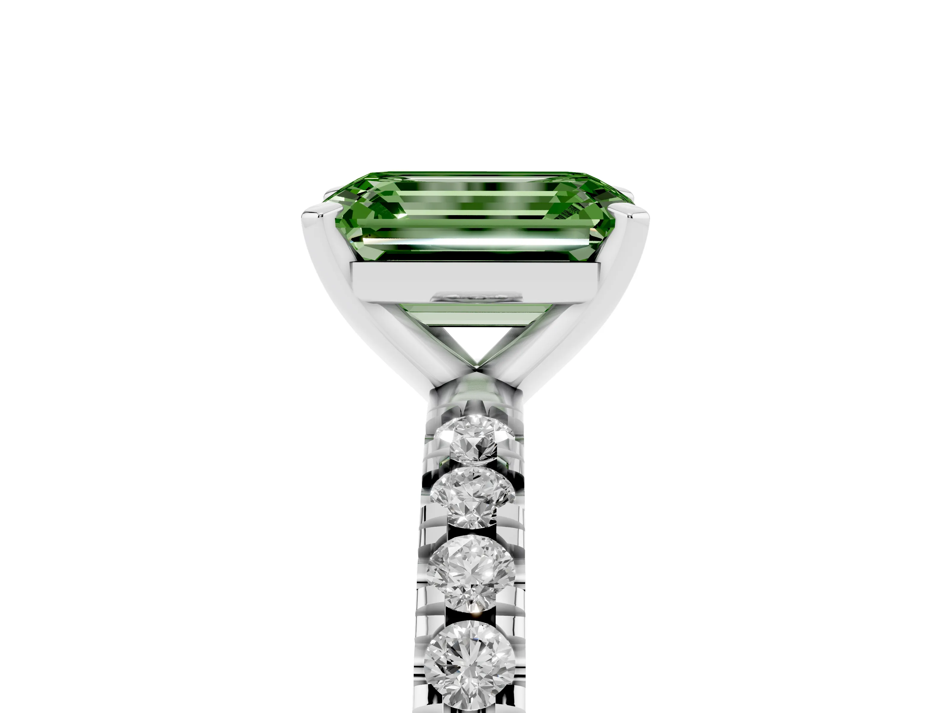 Fancy Green Emerald Cut Diamond Pavé Band Solitaire Set in Platinum with Prong Setting