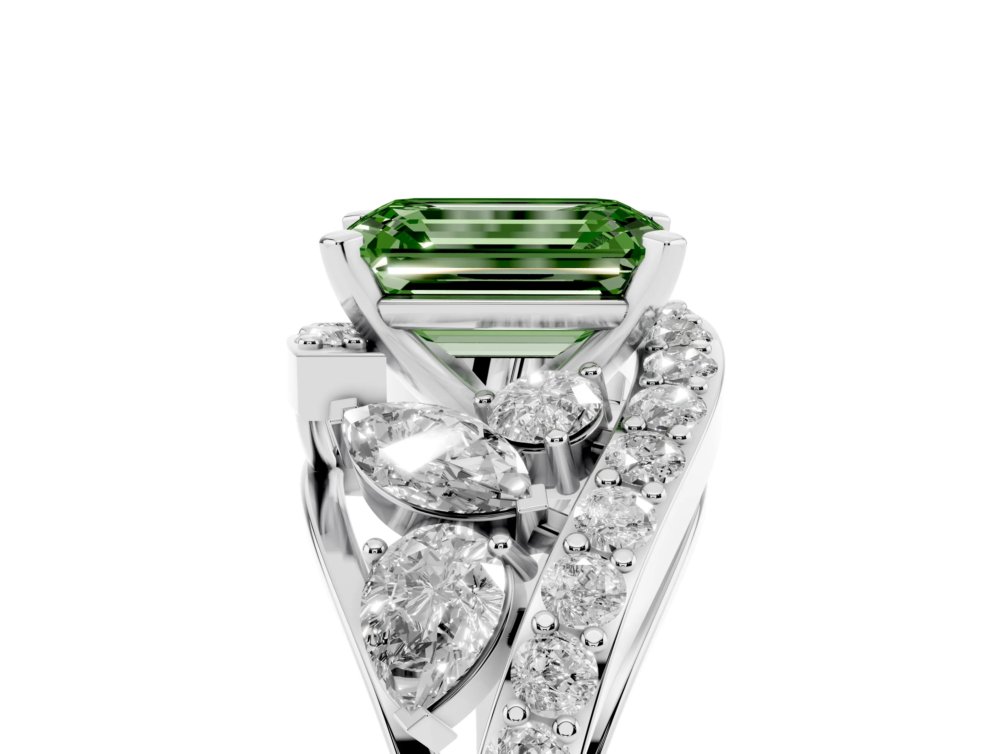 Fancy Green Emerald Cut Diamond Halo Ring Set in Platinum with Marquise and Pavé Band in Prong Setting