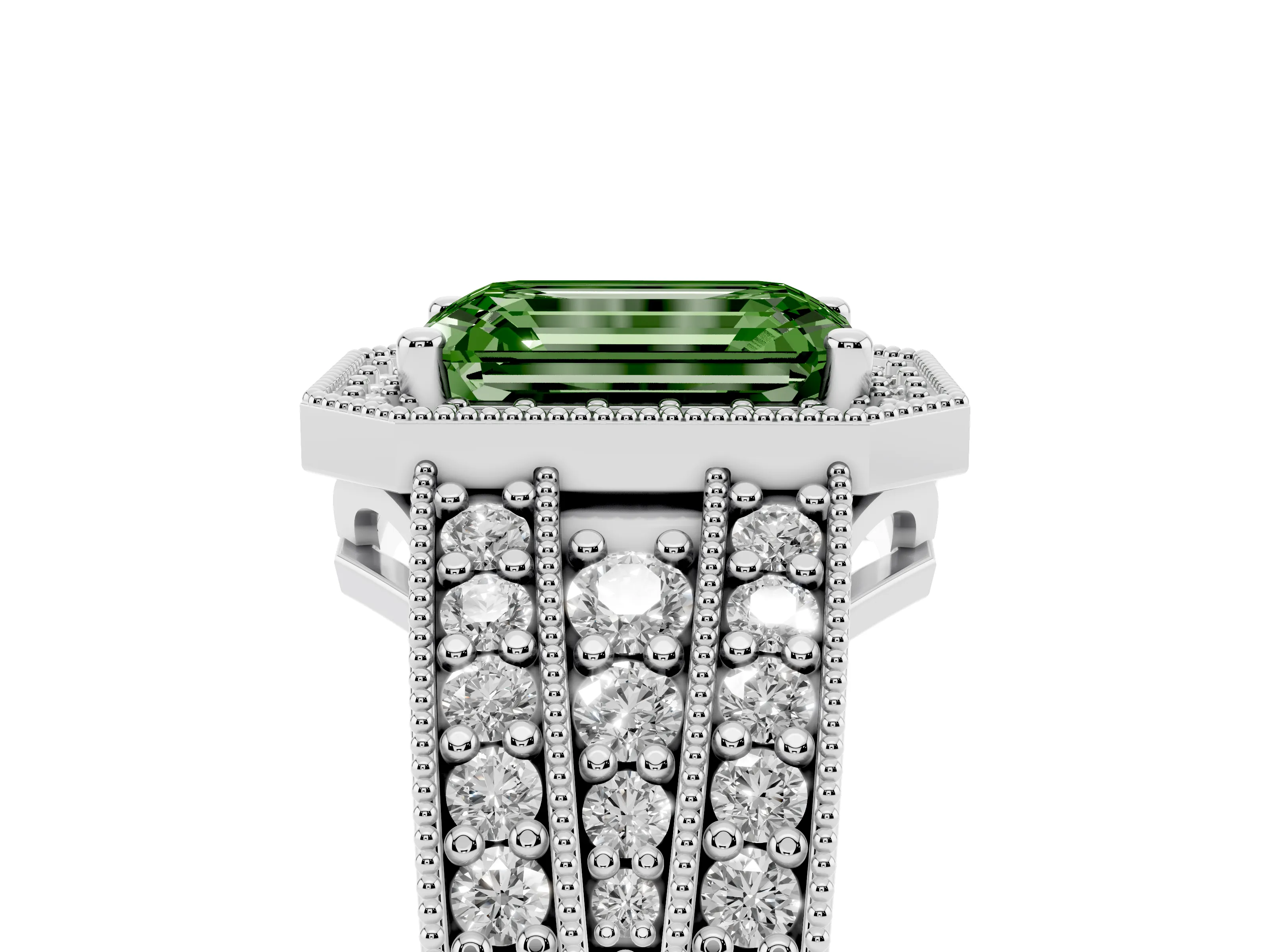 Fancy Green Emerald Cut Diamond Halo Ring Set in Silver with Accent Split Shank and Prong Setting
