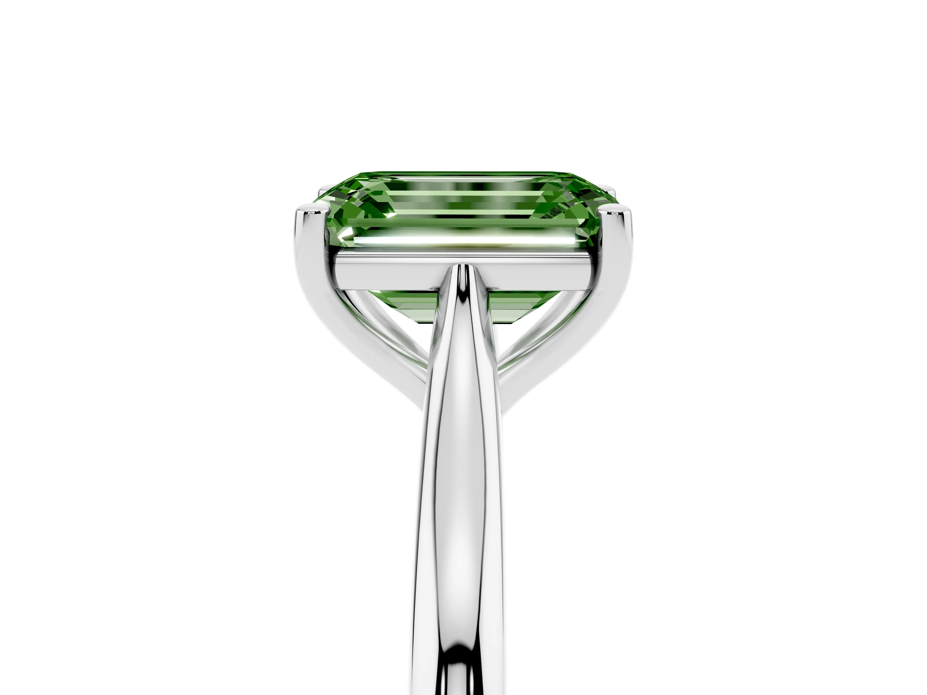 Fancy Green Emerald Cut Diamond Solitaire Ring Set in Silver with Cathedral Band and Prong Setting