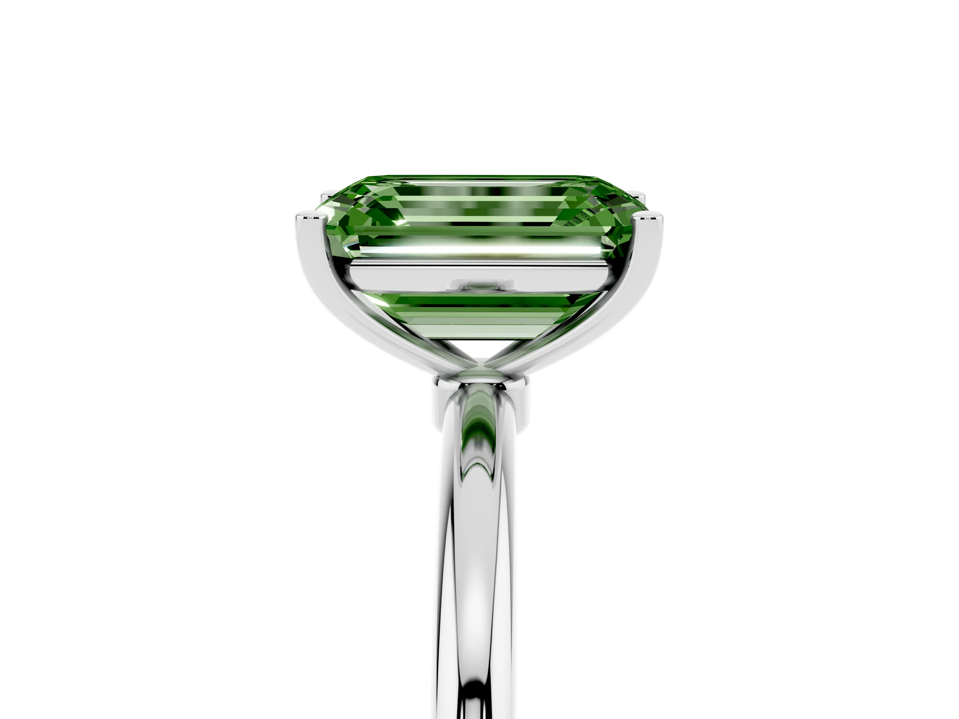 Fancy Green Emerald Cut Diamond Solitaire Engagement Ring Set in Platinum with Thin Band and Prong Setting