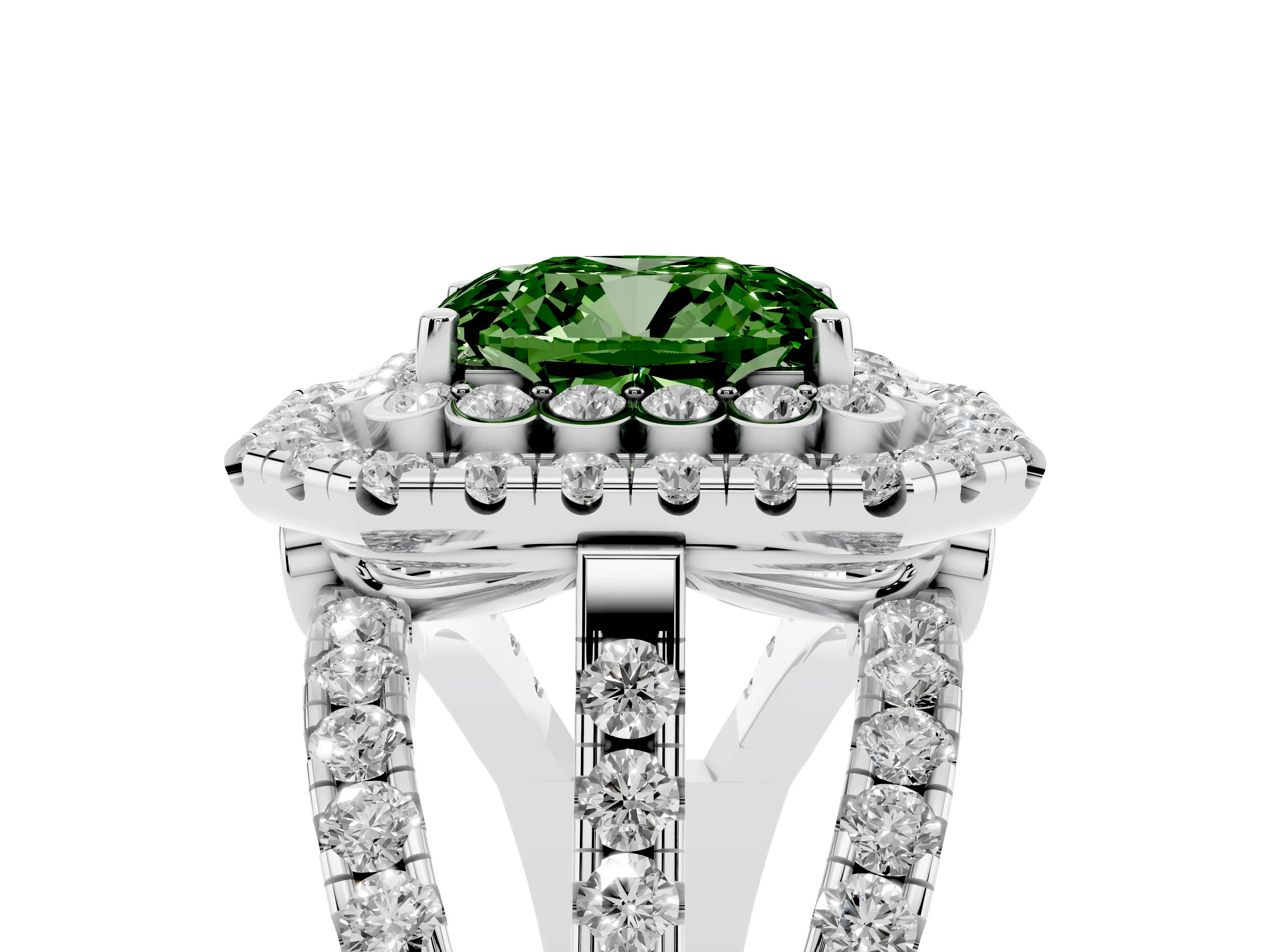 Fancy Green Emerald Cut Diamond Double Halo Ring Set in Silver with Round Pavé Split Shank