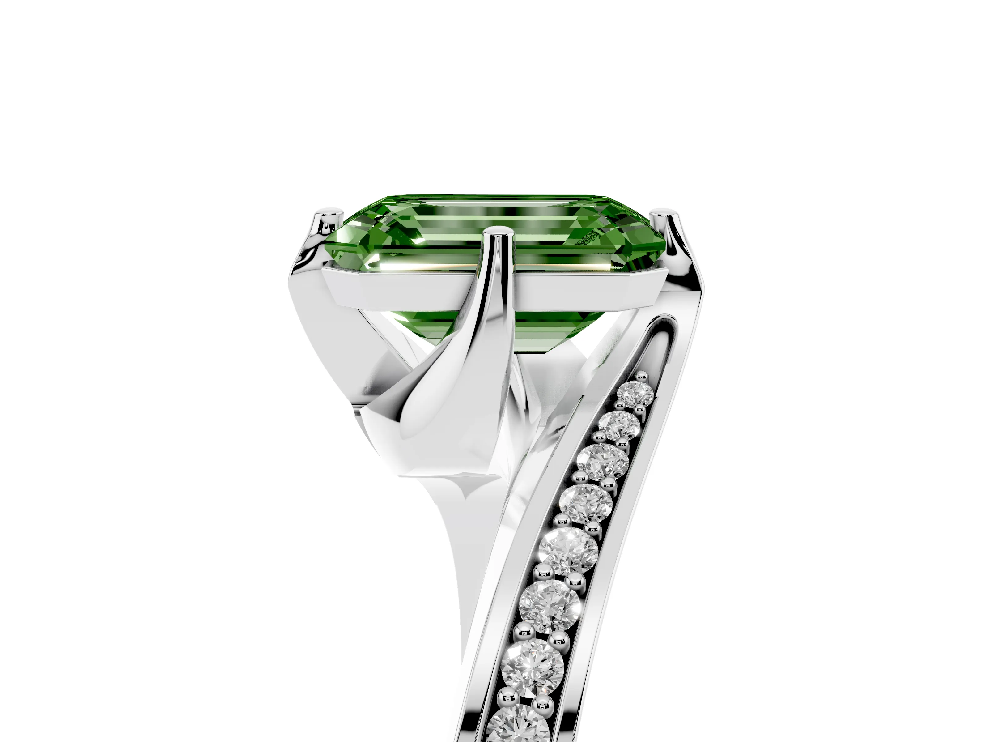 Fancy Green Emerald Cut Diamond Solitaire Ring Set in Platinum with Intertwined Pavé Twist Band