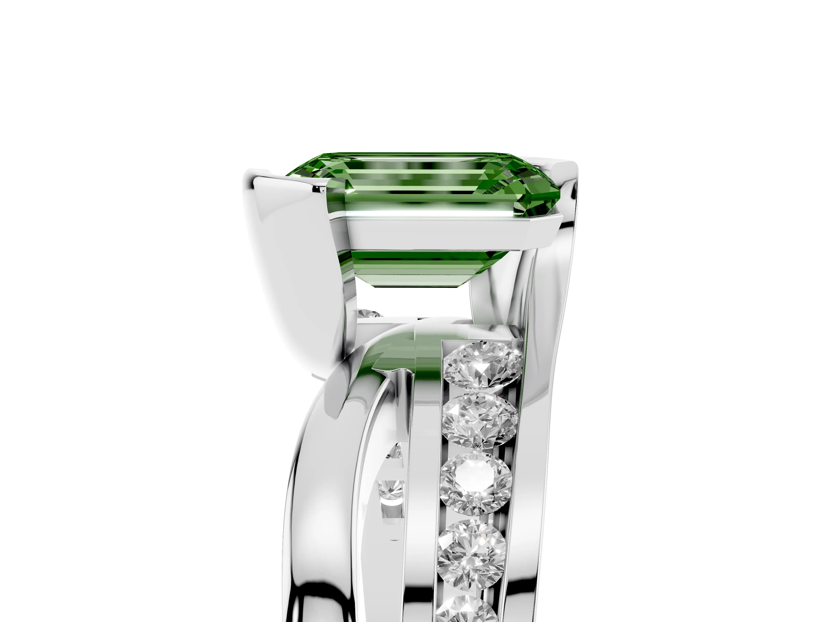 Fancy Green Emerald Cut Diamond Solitaire Ring Set in Platinum with Channel Set Split Shank and Tension Prongs