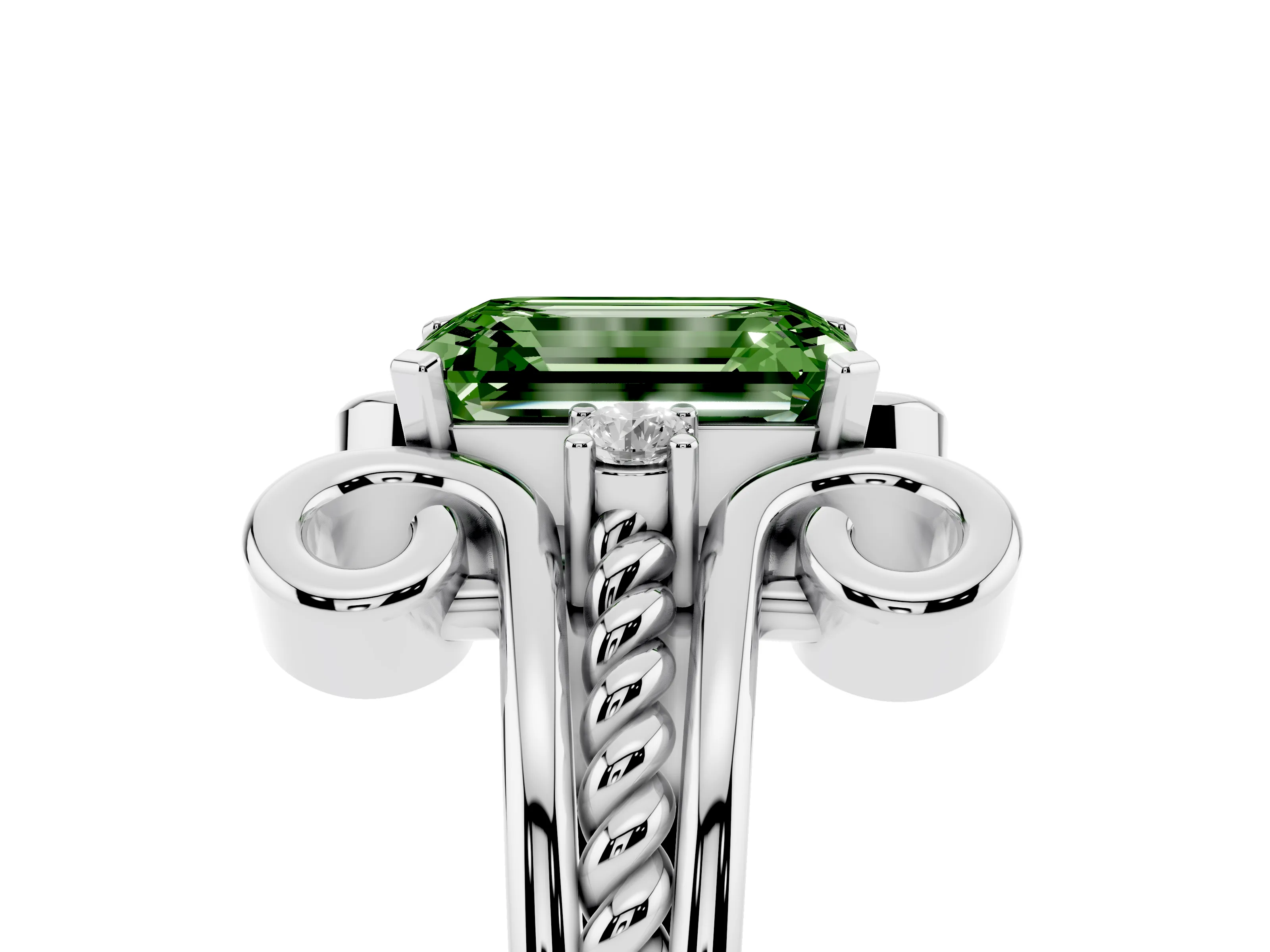 Fancy Green Emerald Cut Diamond Twisted Band Solitaire Ring Set in Platinum with Scroll Prongs