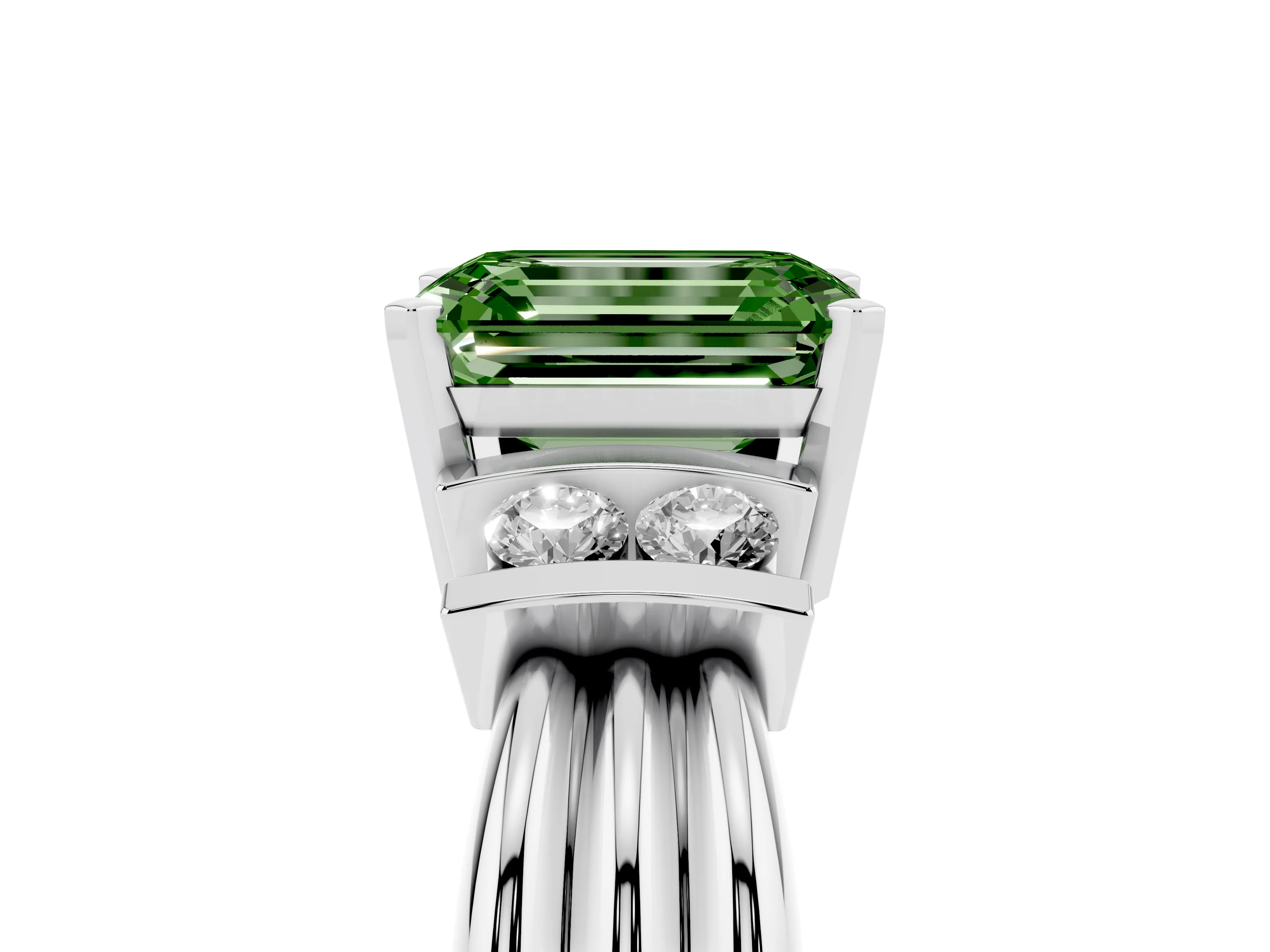 Fancy Green Three-Stone Emerald Cut Diamond Channel Set Ring Set in Silver with Bar Prongs