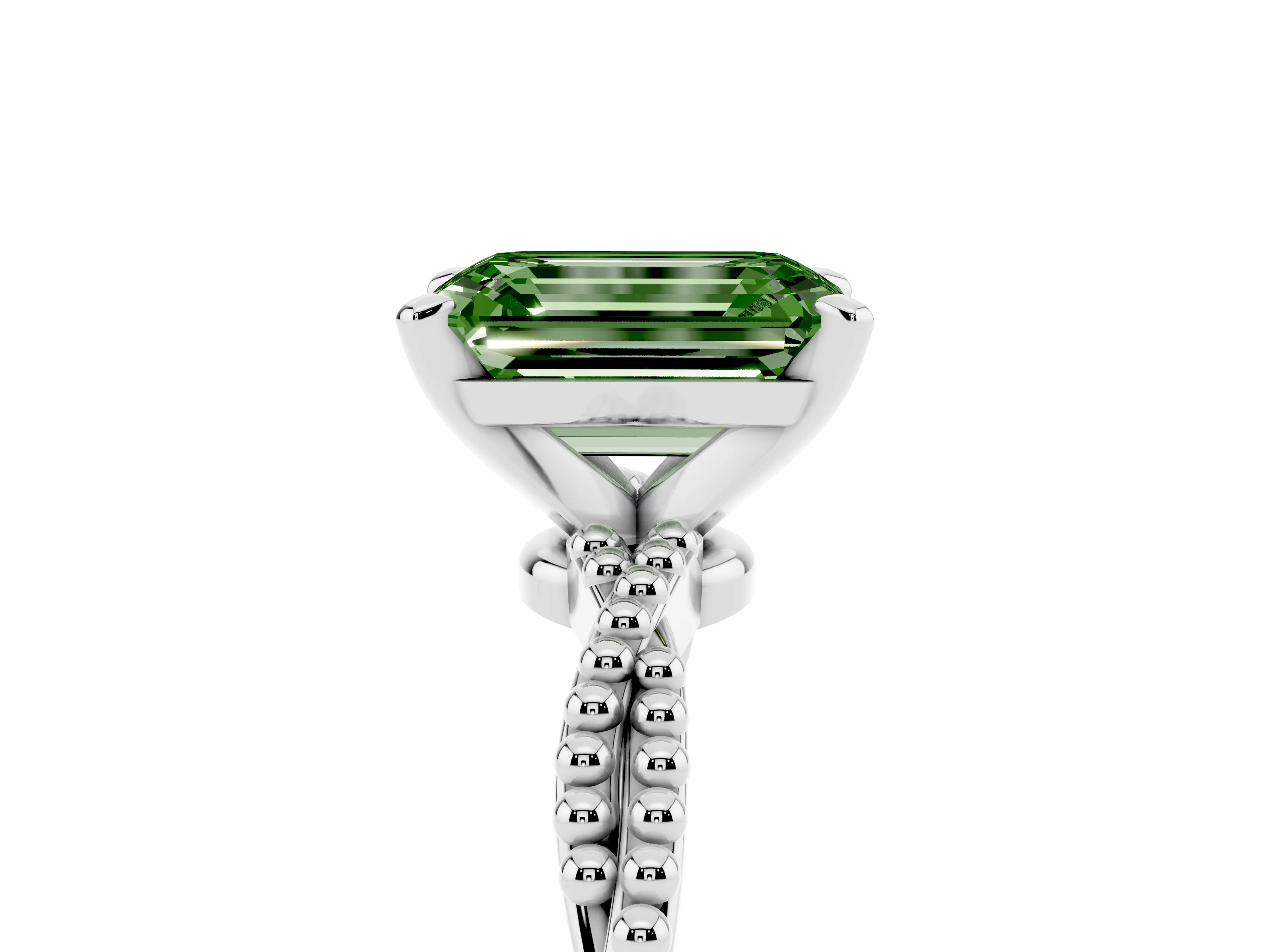 Fancy Green Emerald Cut Diamond Solitaire Ring Set in White gold with Twisted Band and Bead Prong Setting
