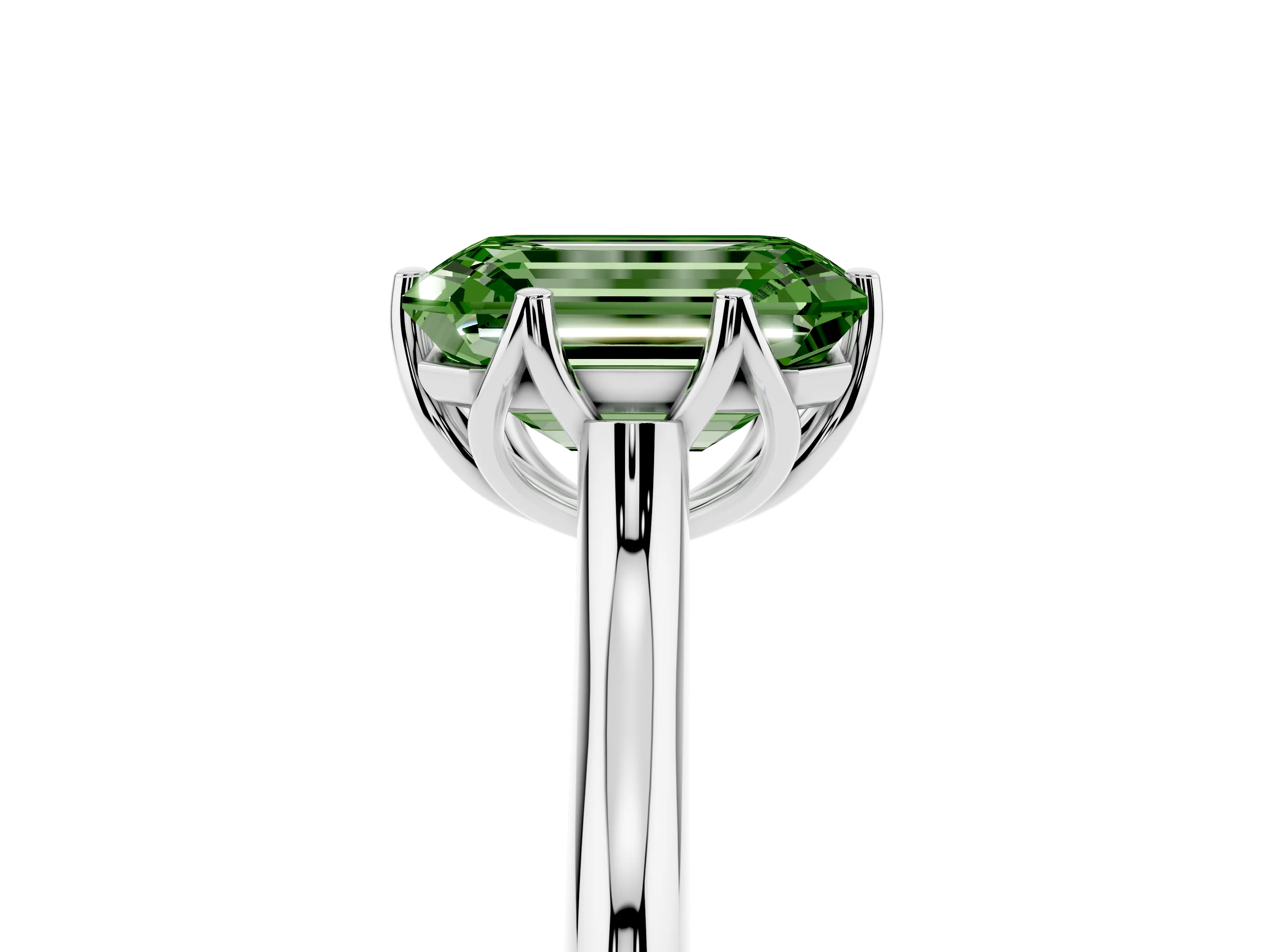 Fancy Green Emerald Cut Diamond Solitaire Cathedral Ring Set in Silver with Prong Setting