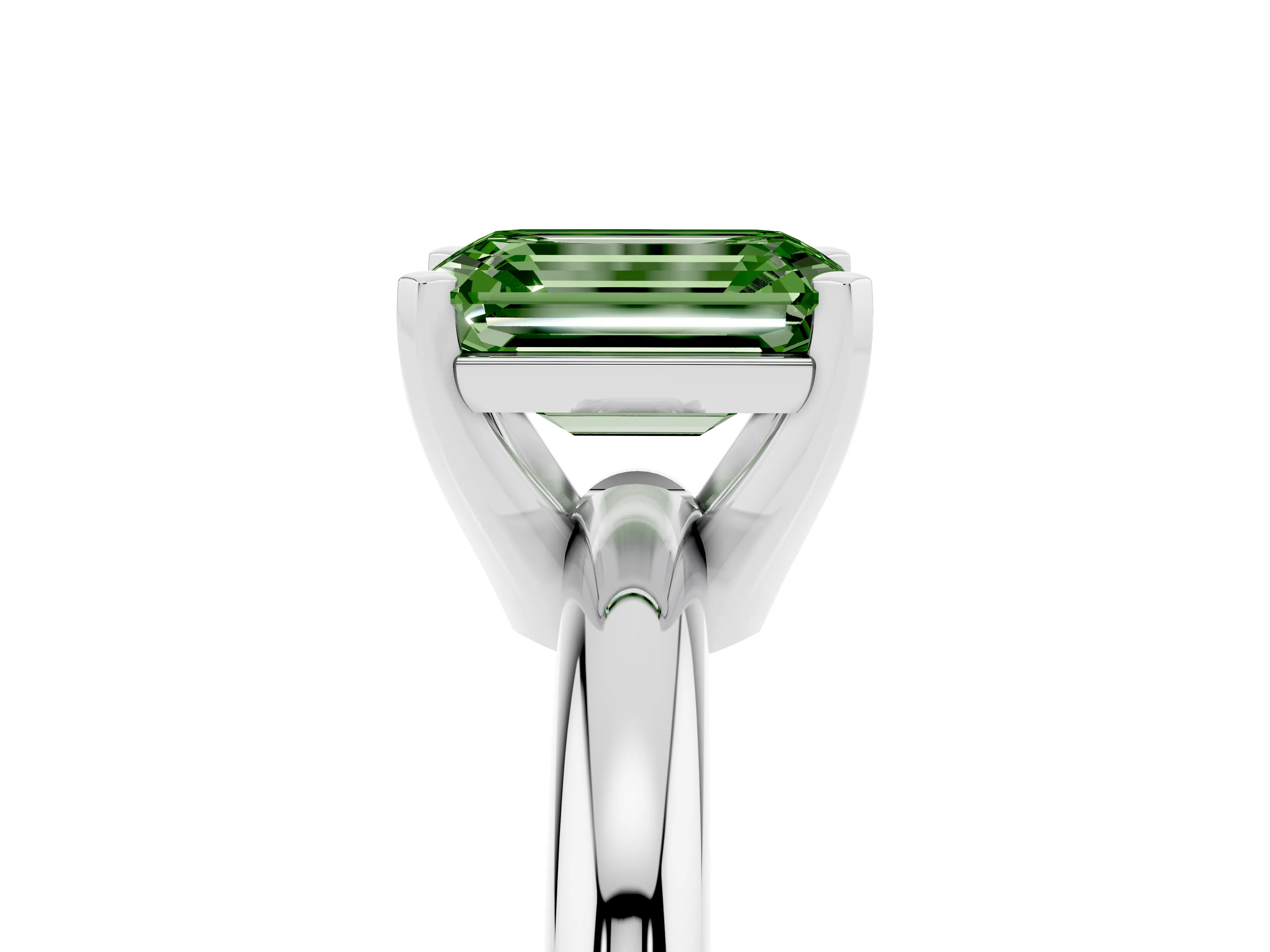 Fancy Green Emerald Cut Diamond Solitaire Engagement Ring Set in Silver with Round Band and Prong Setting