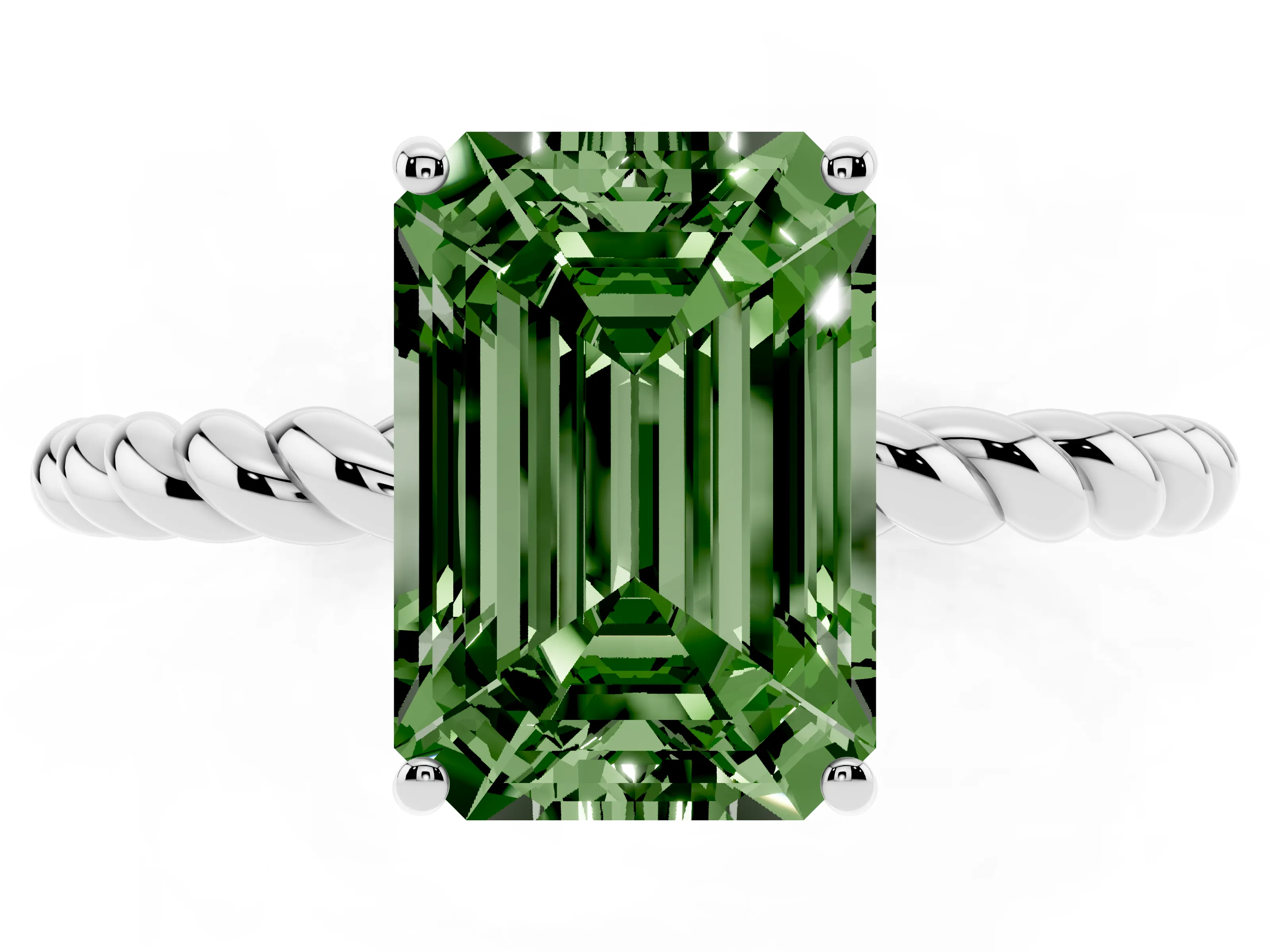 Fancy Green Emerald Cut Diamond Solitaire Ring Set in White gold with Twist Band and Prong Setting