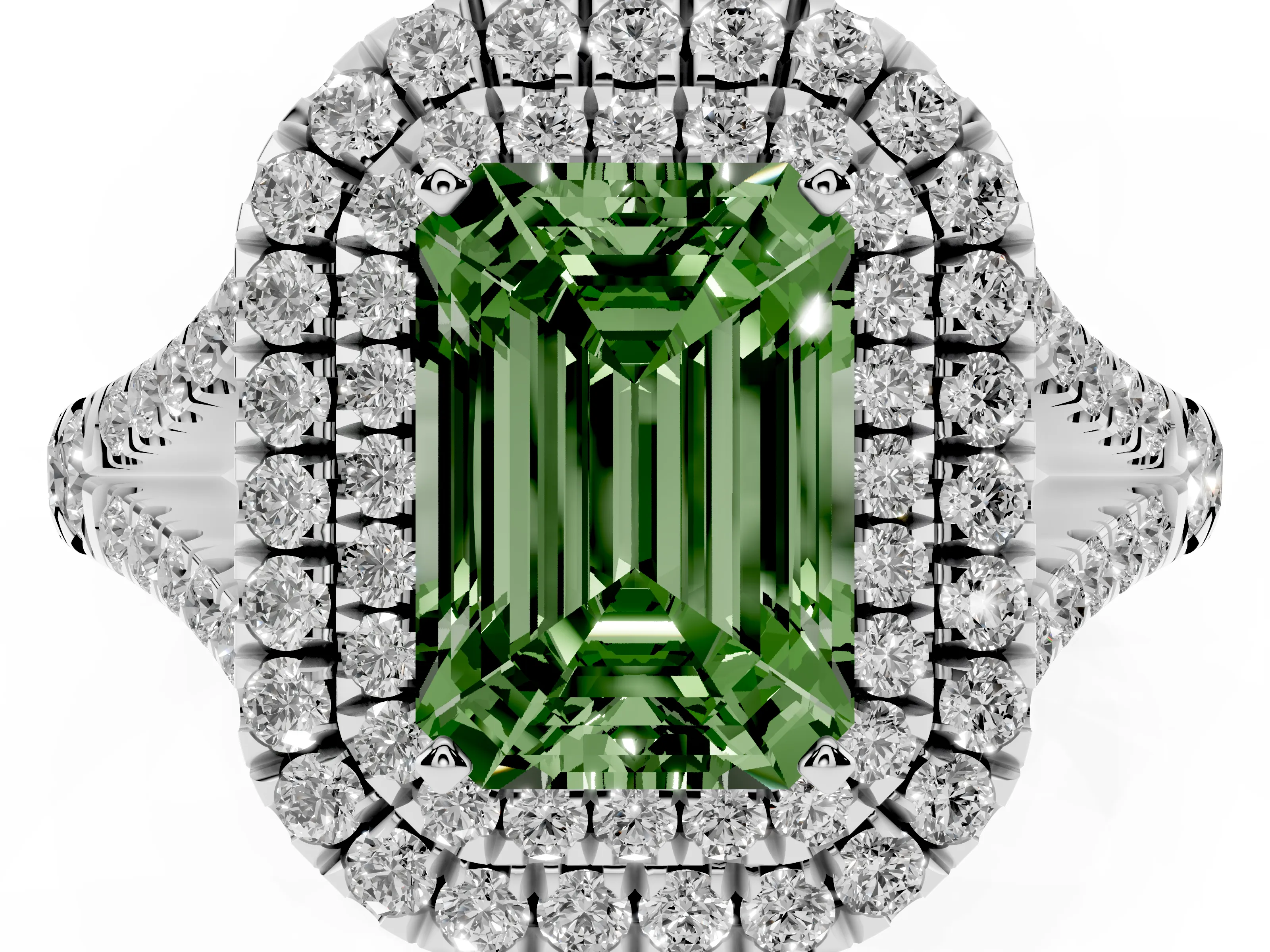 Fancy Green Emerald Cut Diamond Pavé Split Shank Double Halo Engagement Ring Set in White gold