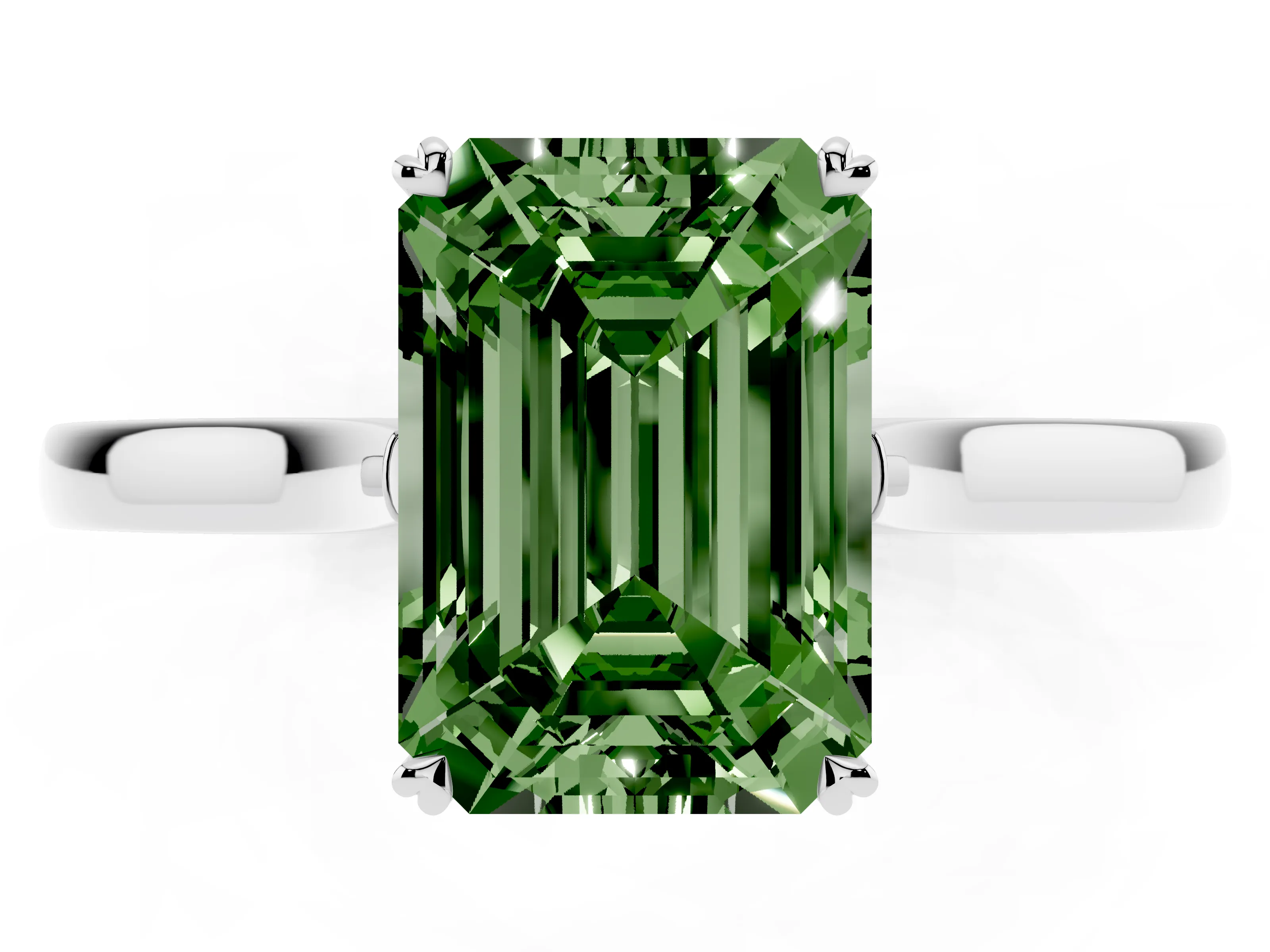 Fancy Green Emerald Cut Diamond Solitaire Heart Prong Engagement Ring Set in Platinum with Tapered Band