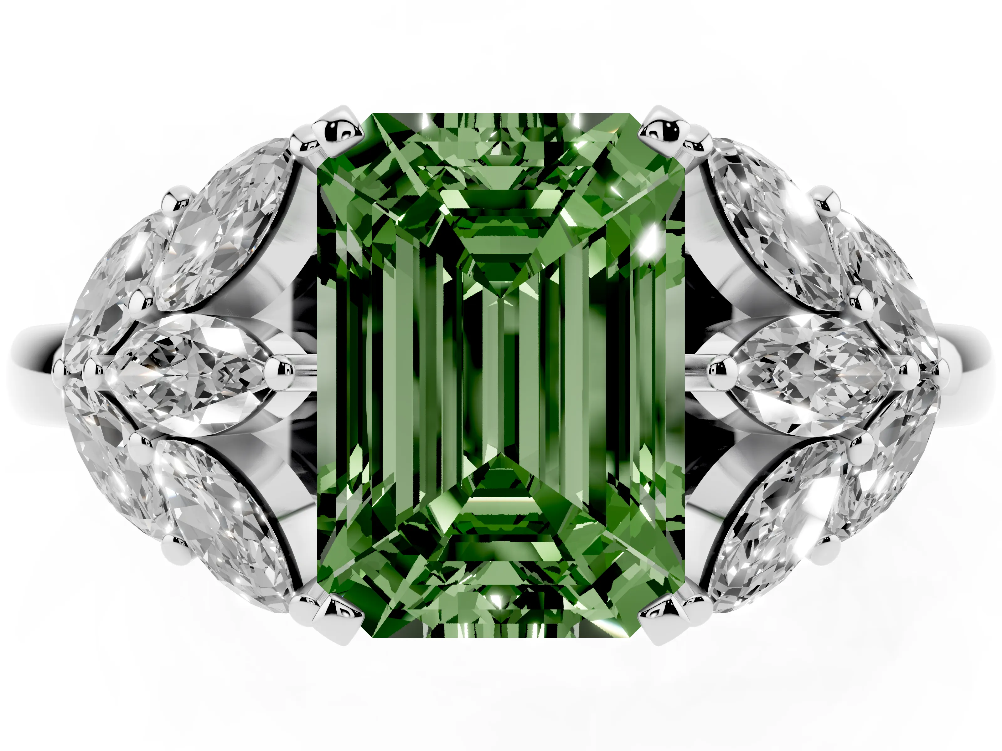 Fancy Green Emerald Cut Diamond Cluster Leaf Design Ring Set in Platinum with Prong Setting