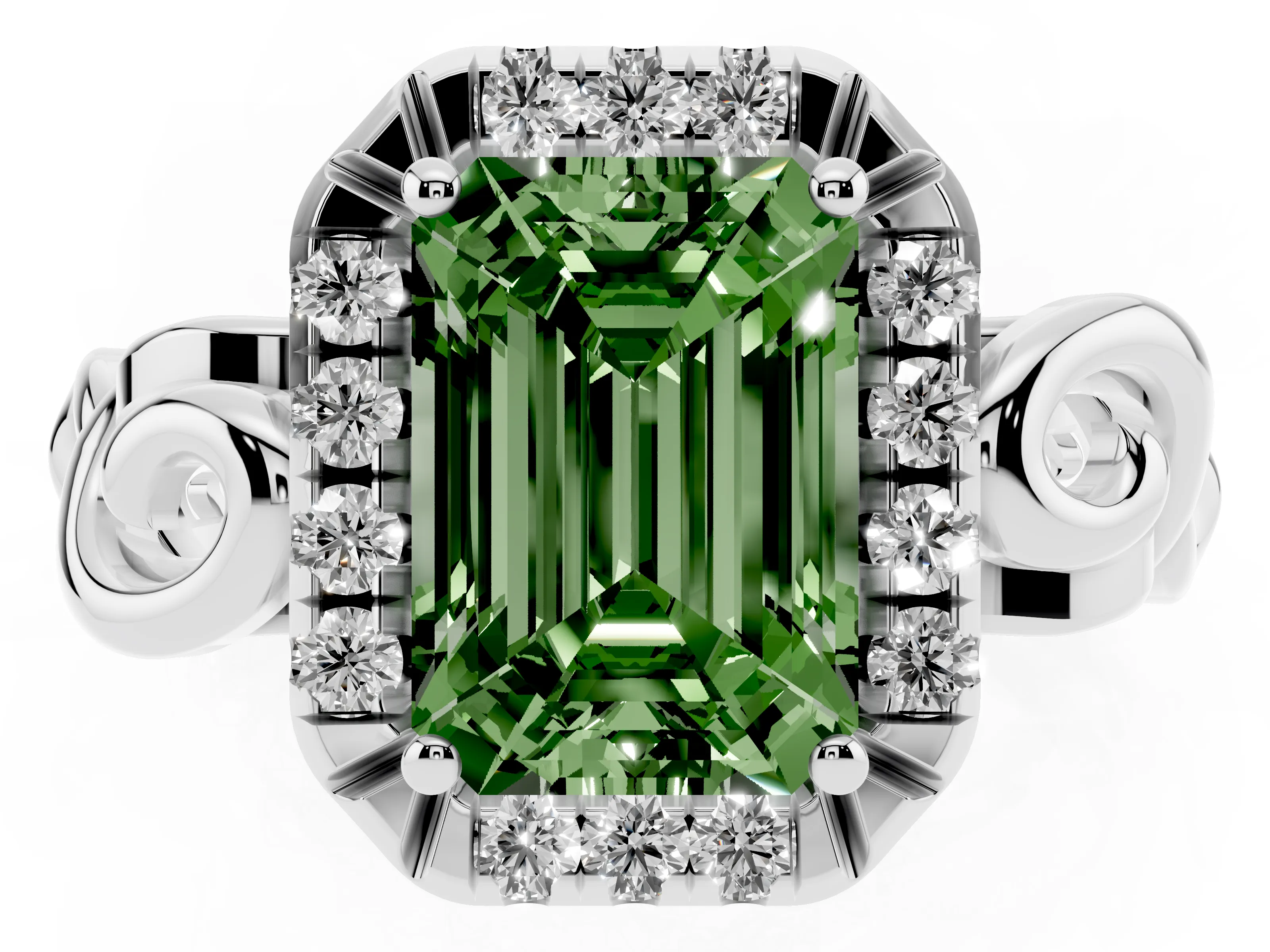 Fancy Green Emerald Cut Diamond Halo Ring Set in Platinum with Scrollwork Band and Prong Setting