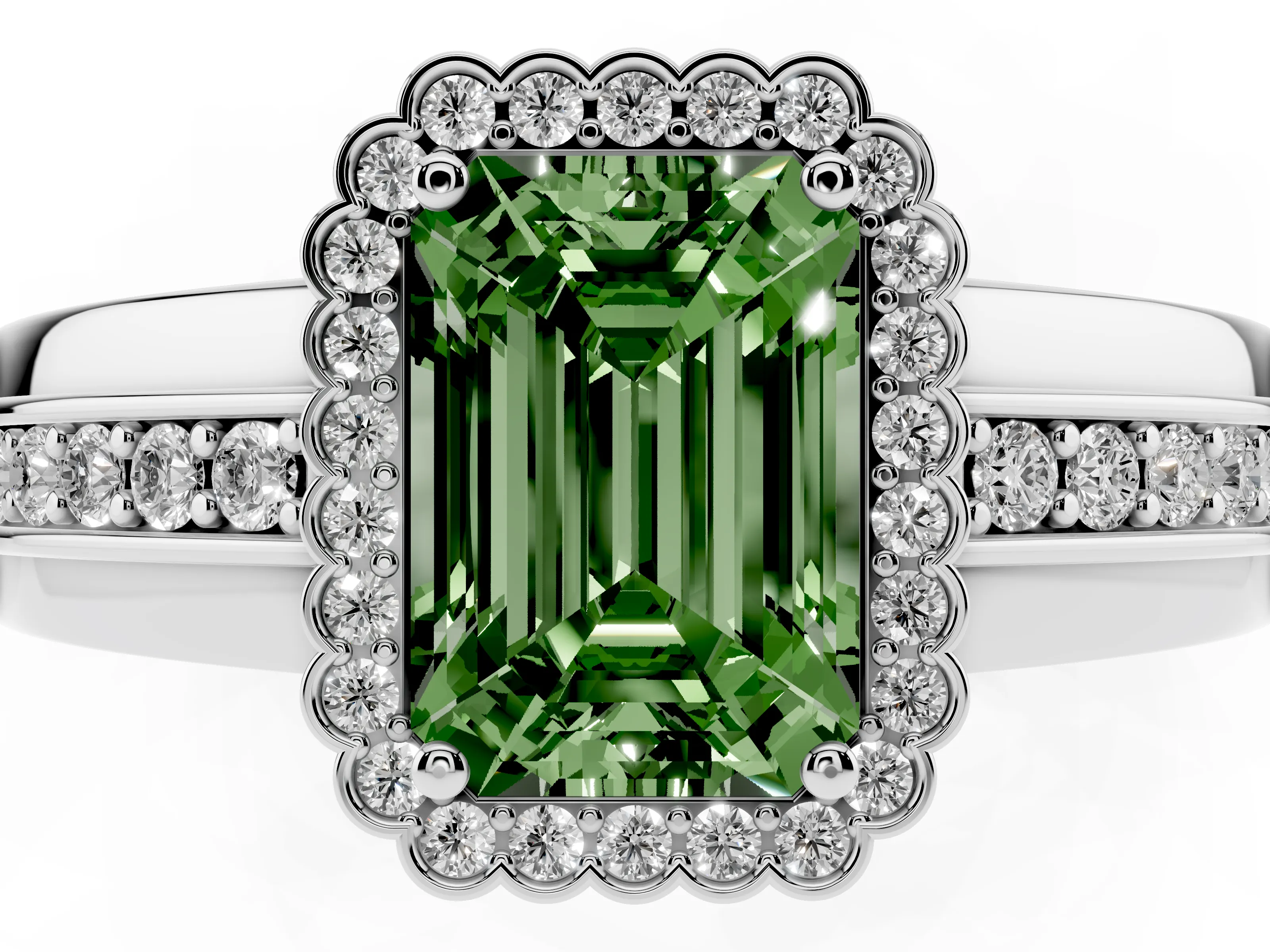 Fancy Green Emerald Cut Diamond Halo Prong Ring Set in Silver with Pavé Band