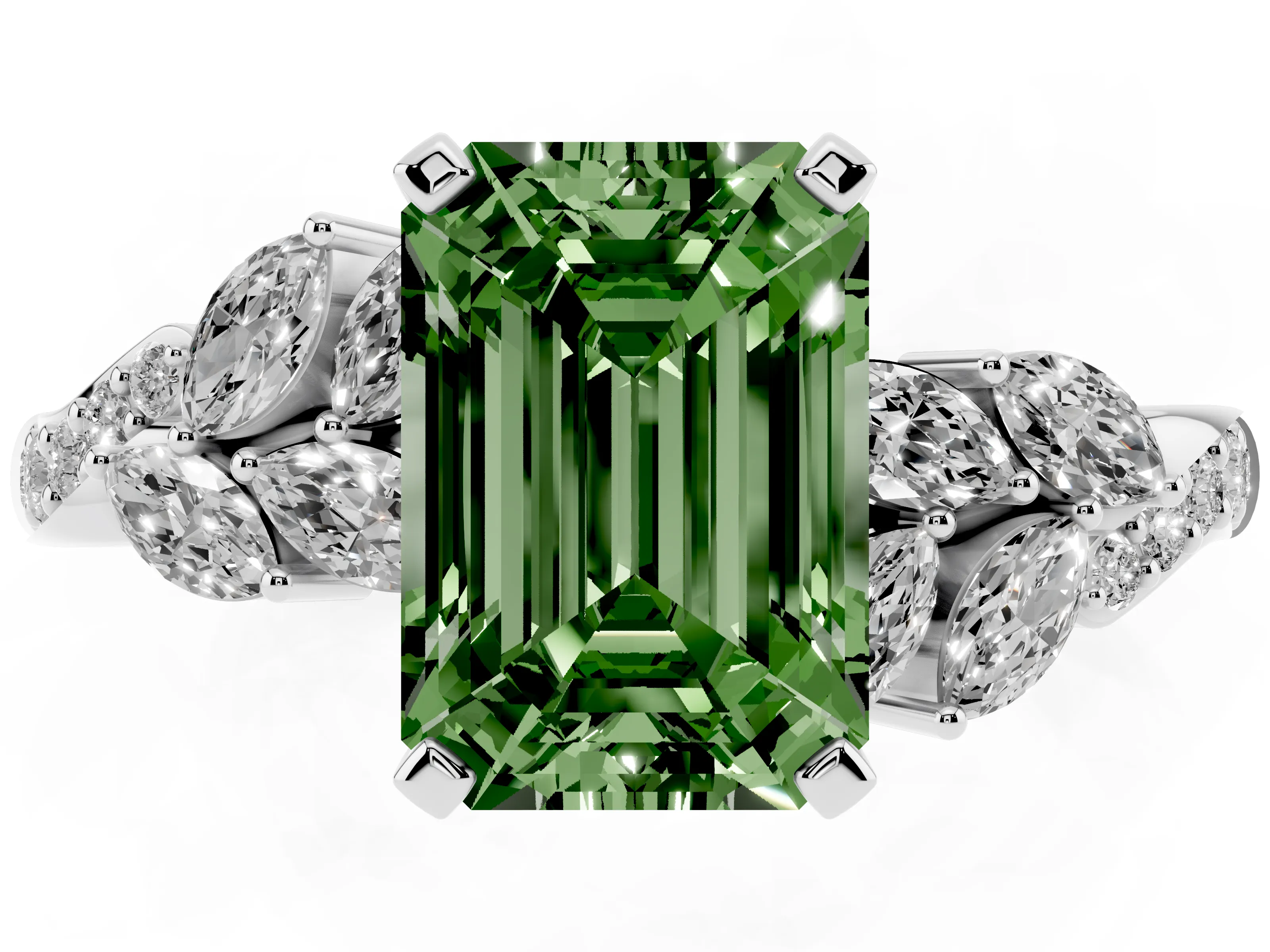 Fancy Green Emerald Cut Diamond Solitaire Ring Set in White gold with Marquise Twist Band and Prong Setting