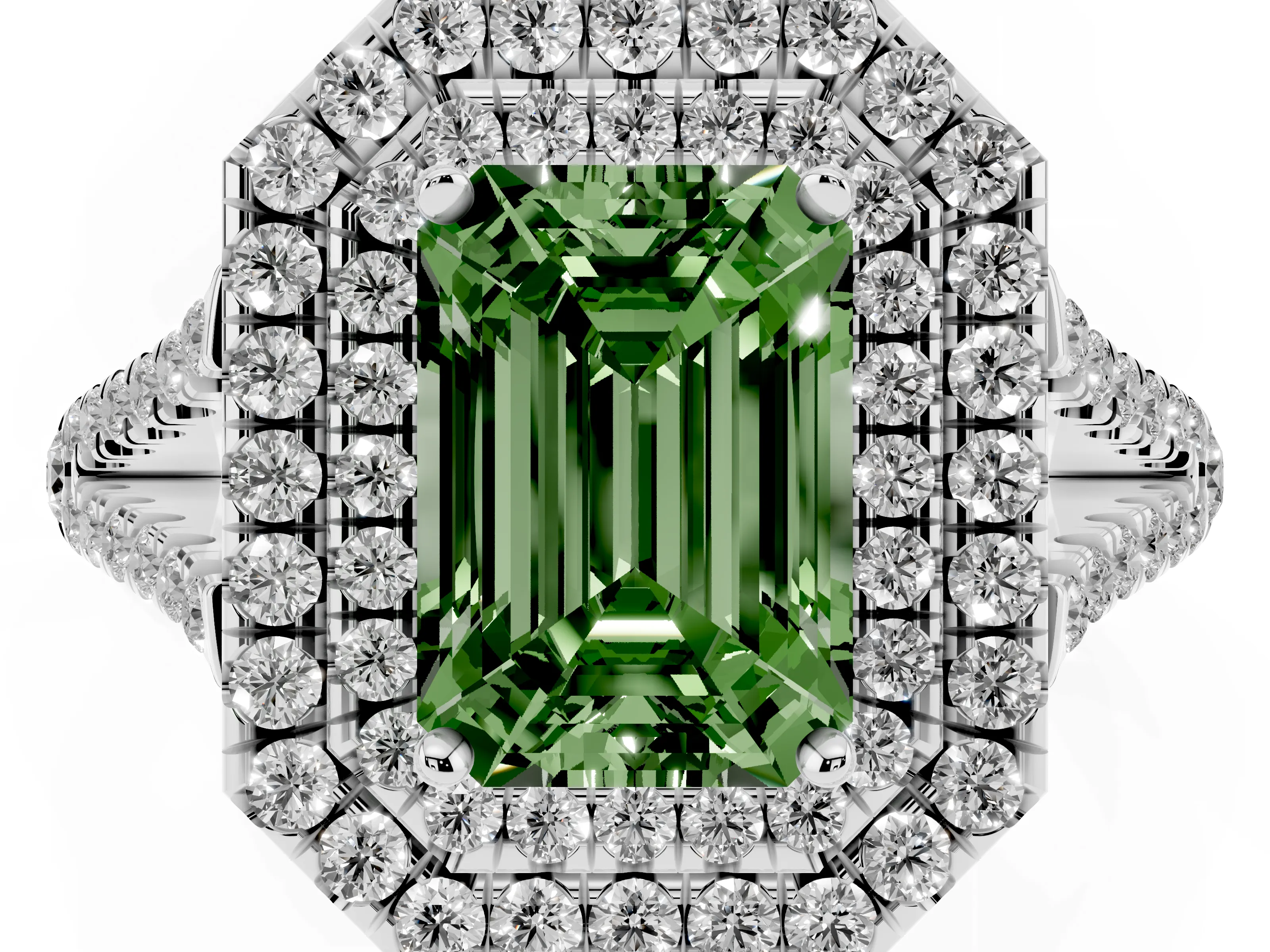 Fancy Green Emerald Cut Diamond Double Halo Ring Set in Silver with Pavé Band