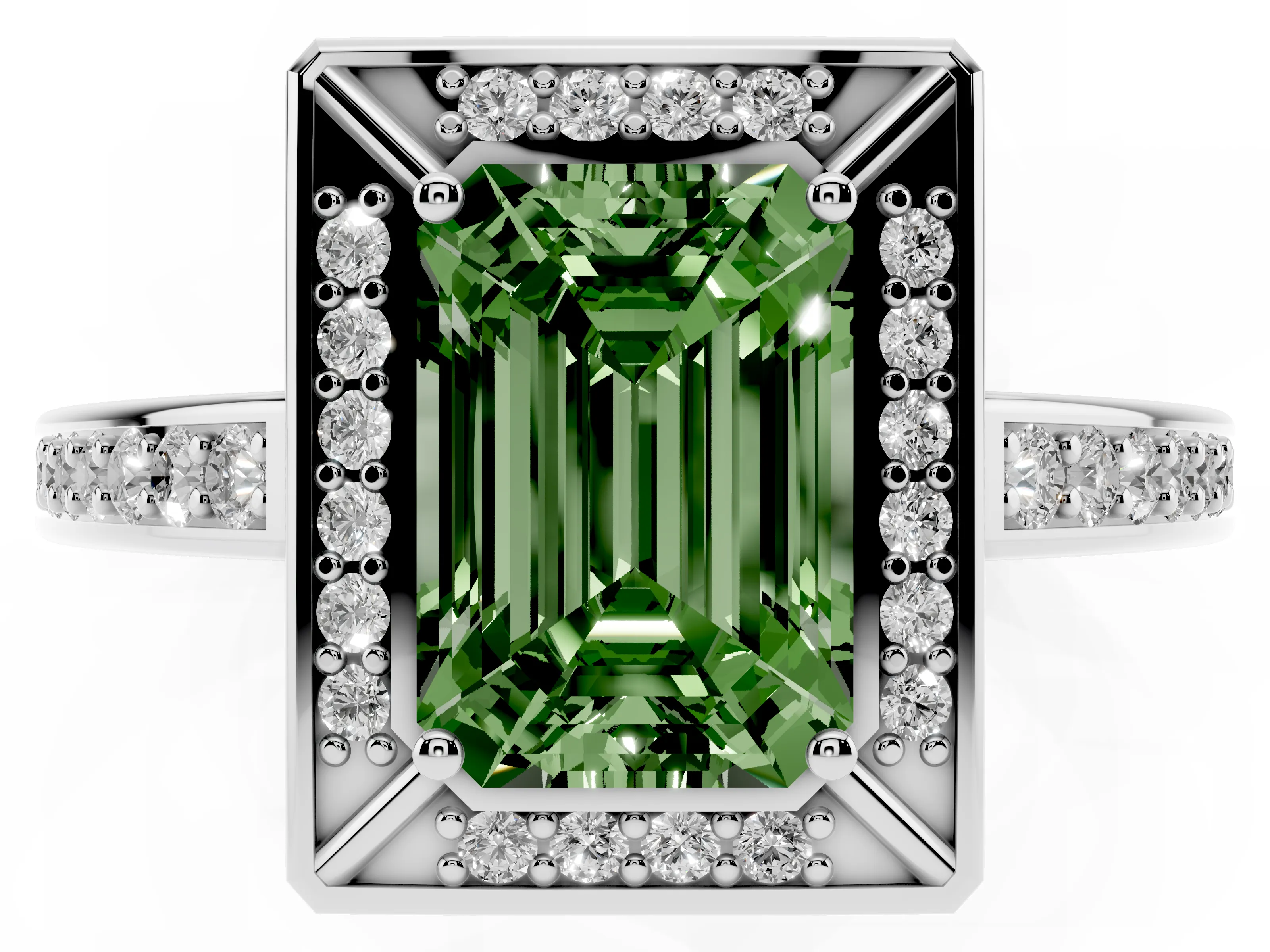 Fancy Green Emerald Cut Diamond Halo Pavé Split Shank Ring Set in Silver with Prong Setting