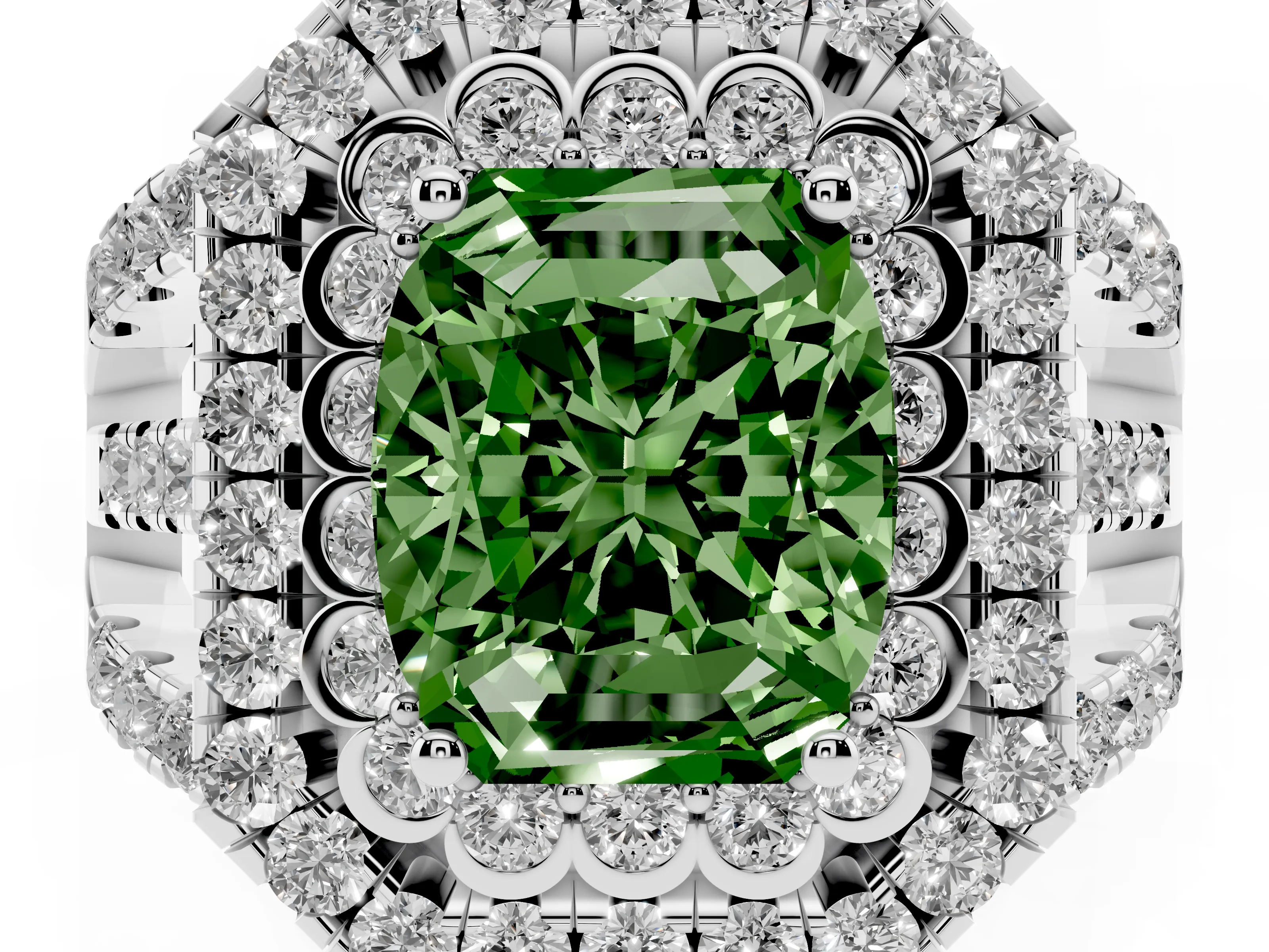 Fancy Green Emerald Cut Diamond Double Halo Ring Set in Silver with Round Pavé Split Shank