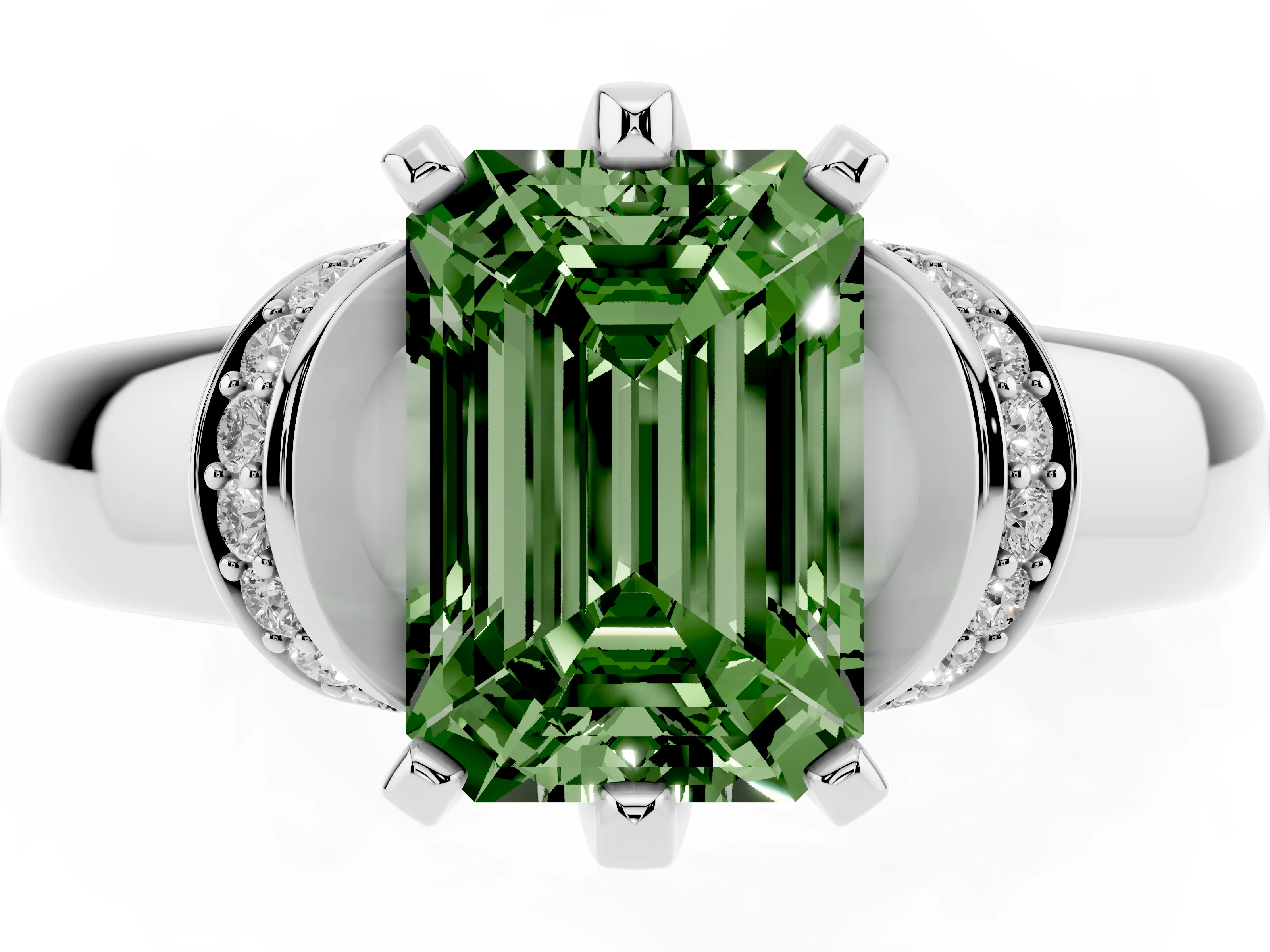 Fancy Green Emerald Cut Diamond Pavé Band Solitaire Ring Set in Platinum with Prong Setting