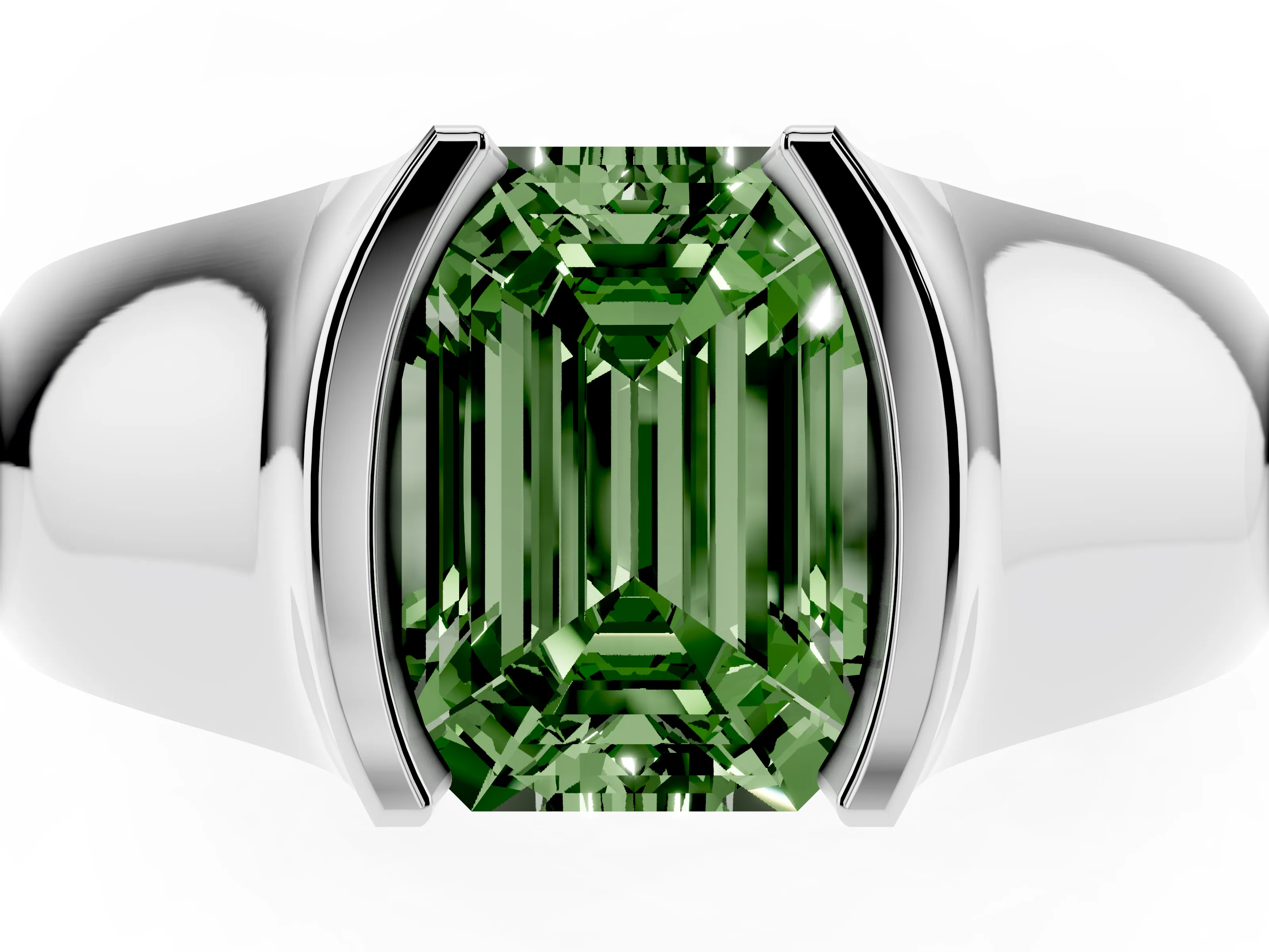 Fancy Green Emerald Cut Diamond Bezel Solitaire Ring Set in Silver with Wide Band