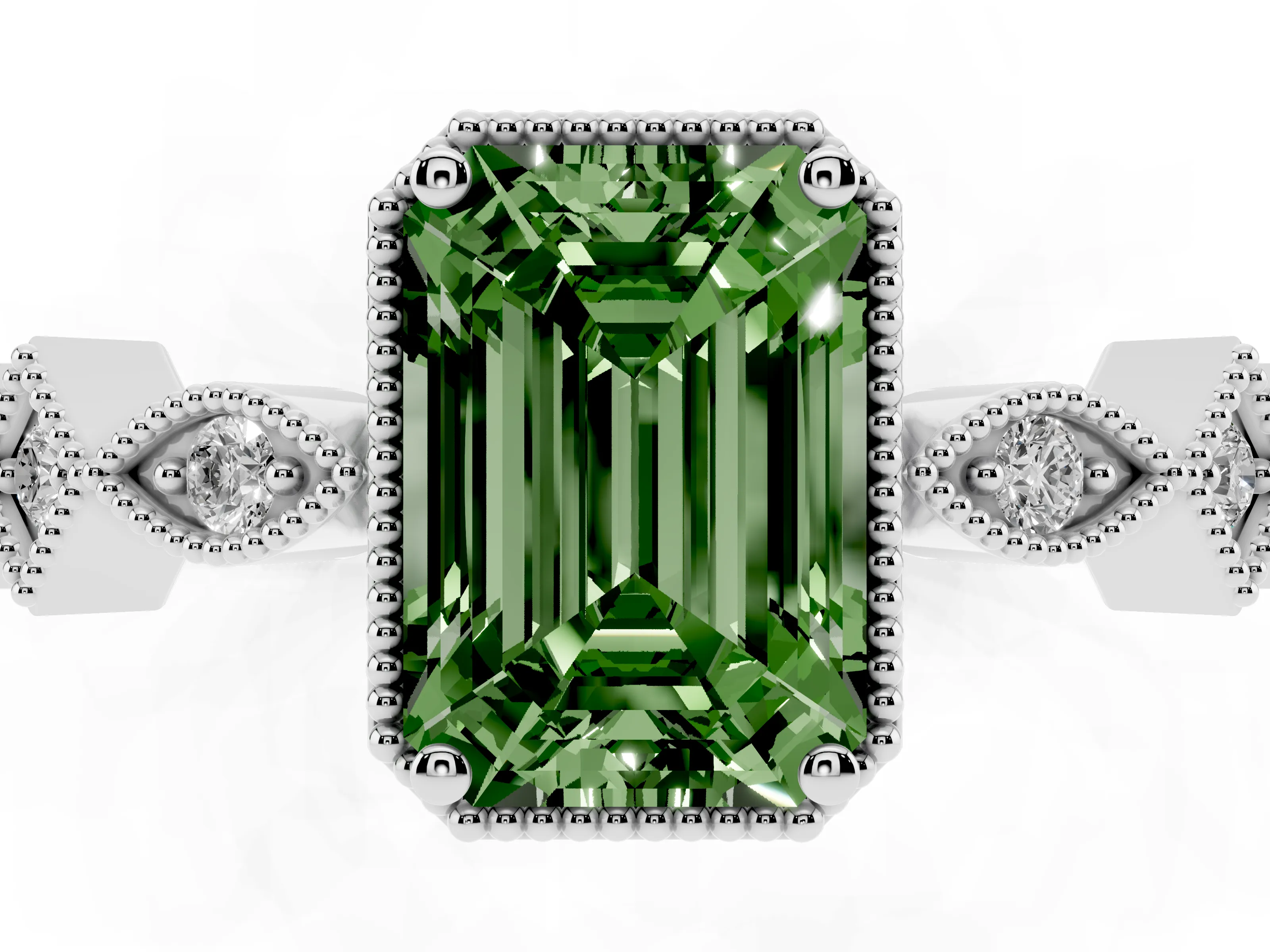 Fancy Green Emerald Cut Diamond Milgrain Marquise Twist Band Ring Set in White gold with Prong Setting
