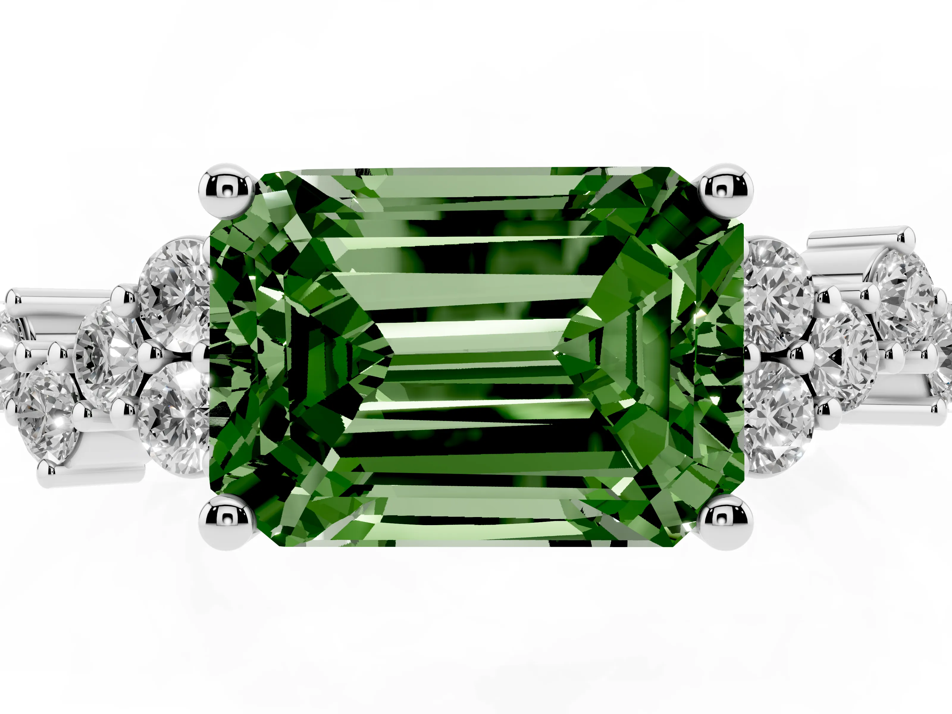 Fancy Green Emerald Cut Diamond Ring Set in Silver with Scattered Round Accents